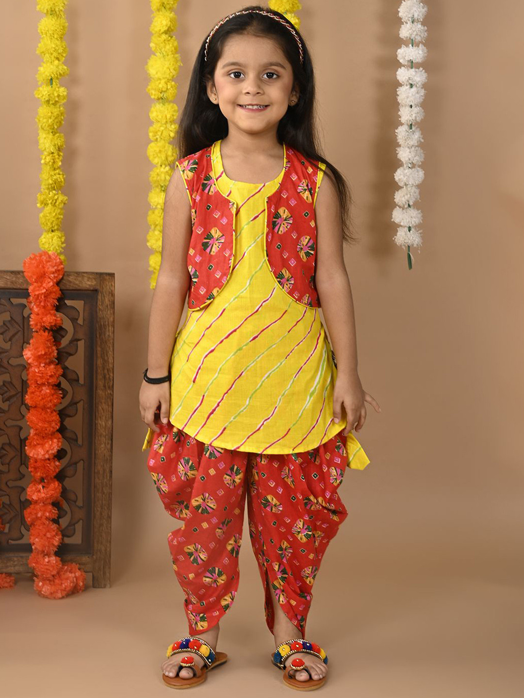 Sangria Girls Leheriya Printed Pure Cotton Kurti & Dhoti Pants WIth Jacket