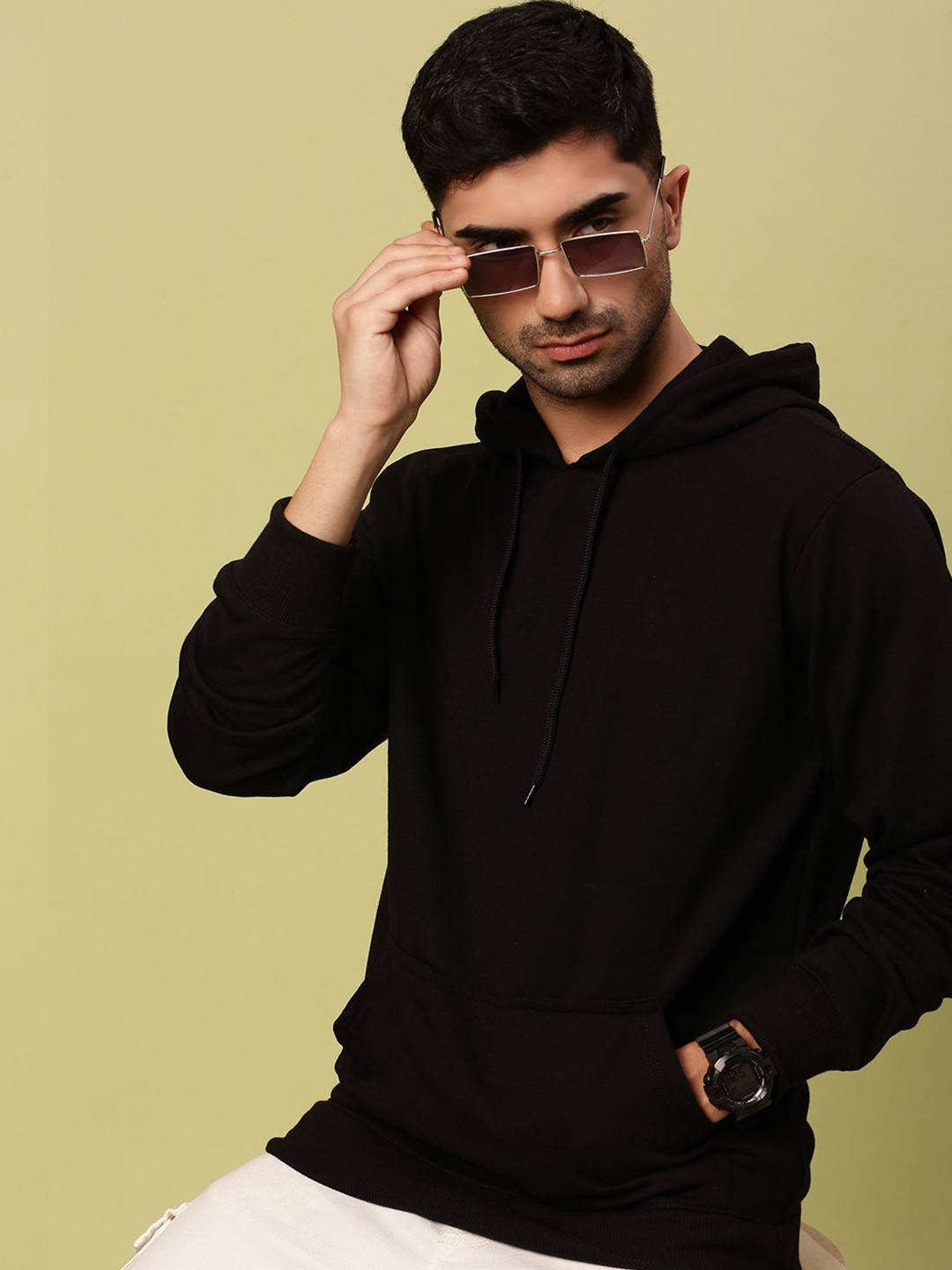 Urban Dog Men Solid Hood Fleece Pullover Ribbed Sweatshirt