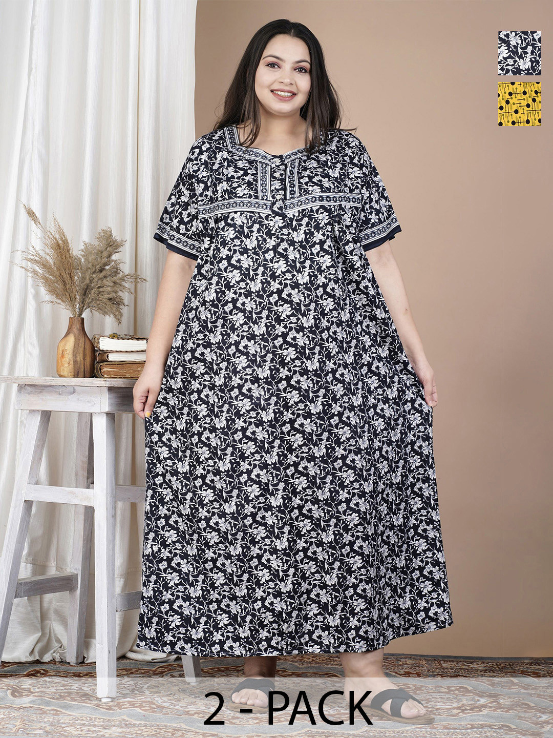 SP DESIGNS Women Pack of 2 Printed Maxi Nightdress