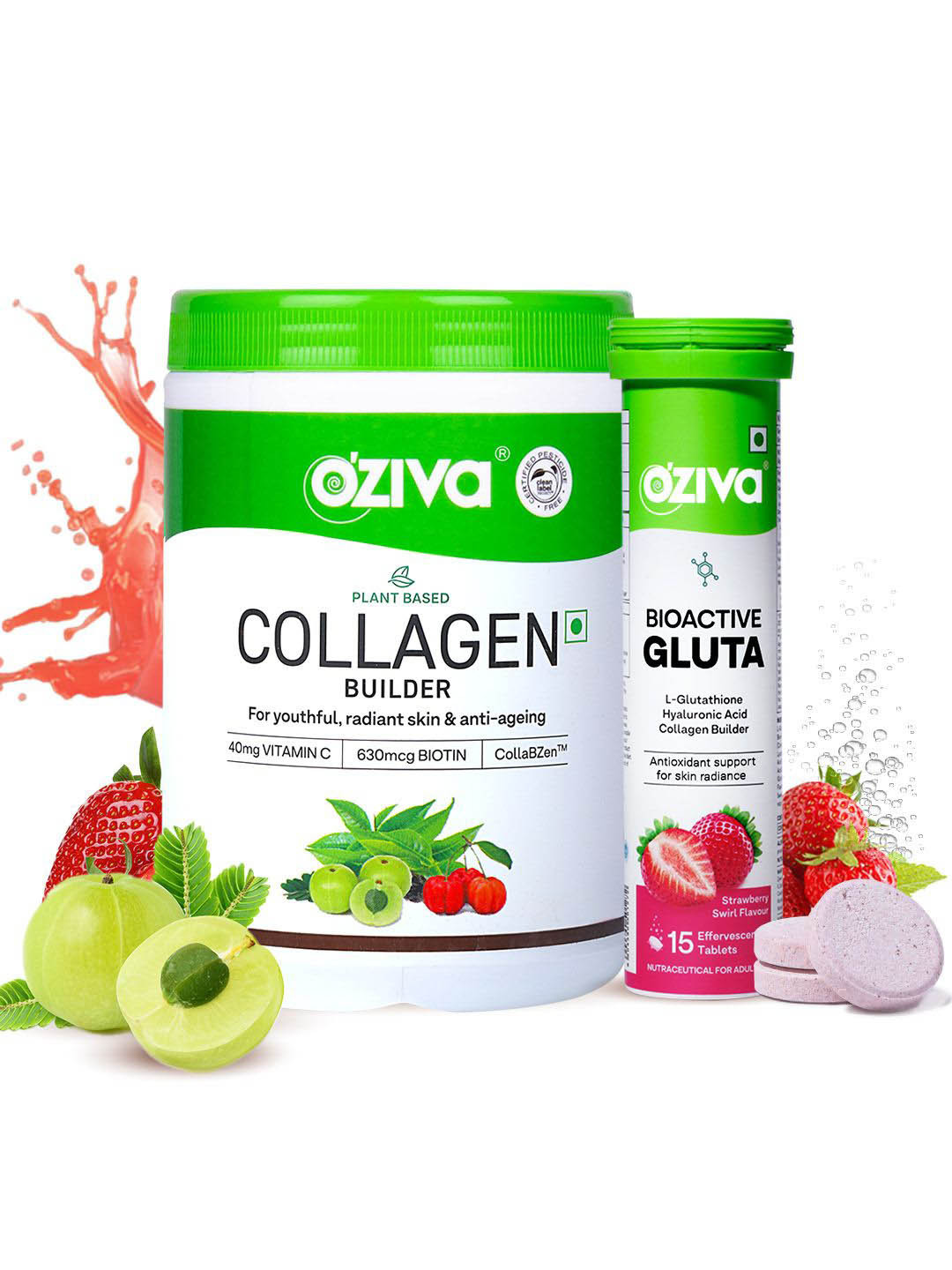 OZiva Set Of 2 Collagen Builder 200 g - Classic & Bioactive Gluta Fizzy - 15 N Tablets
