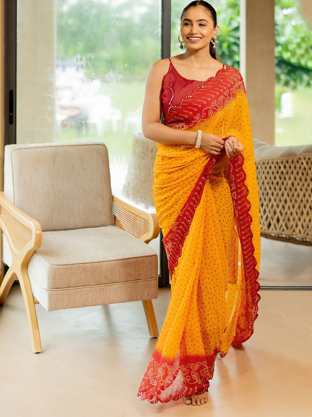 KALINI FASHION Bandhani Mirror Work Pure Georgette Bandhani Saree