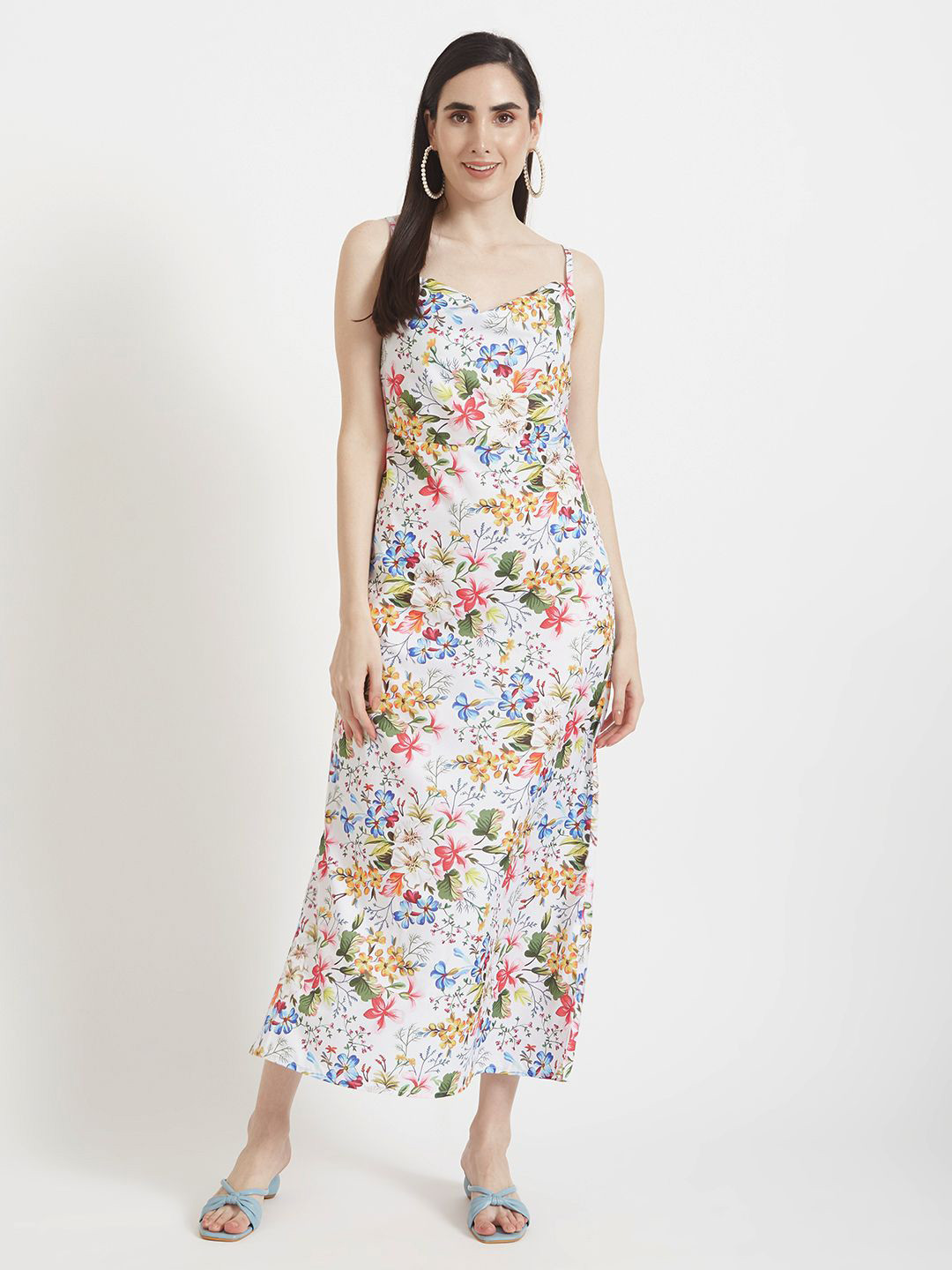 AMSWAN WomenShoulder Straps Floral Printed Maxi Dress