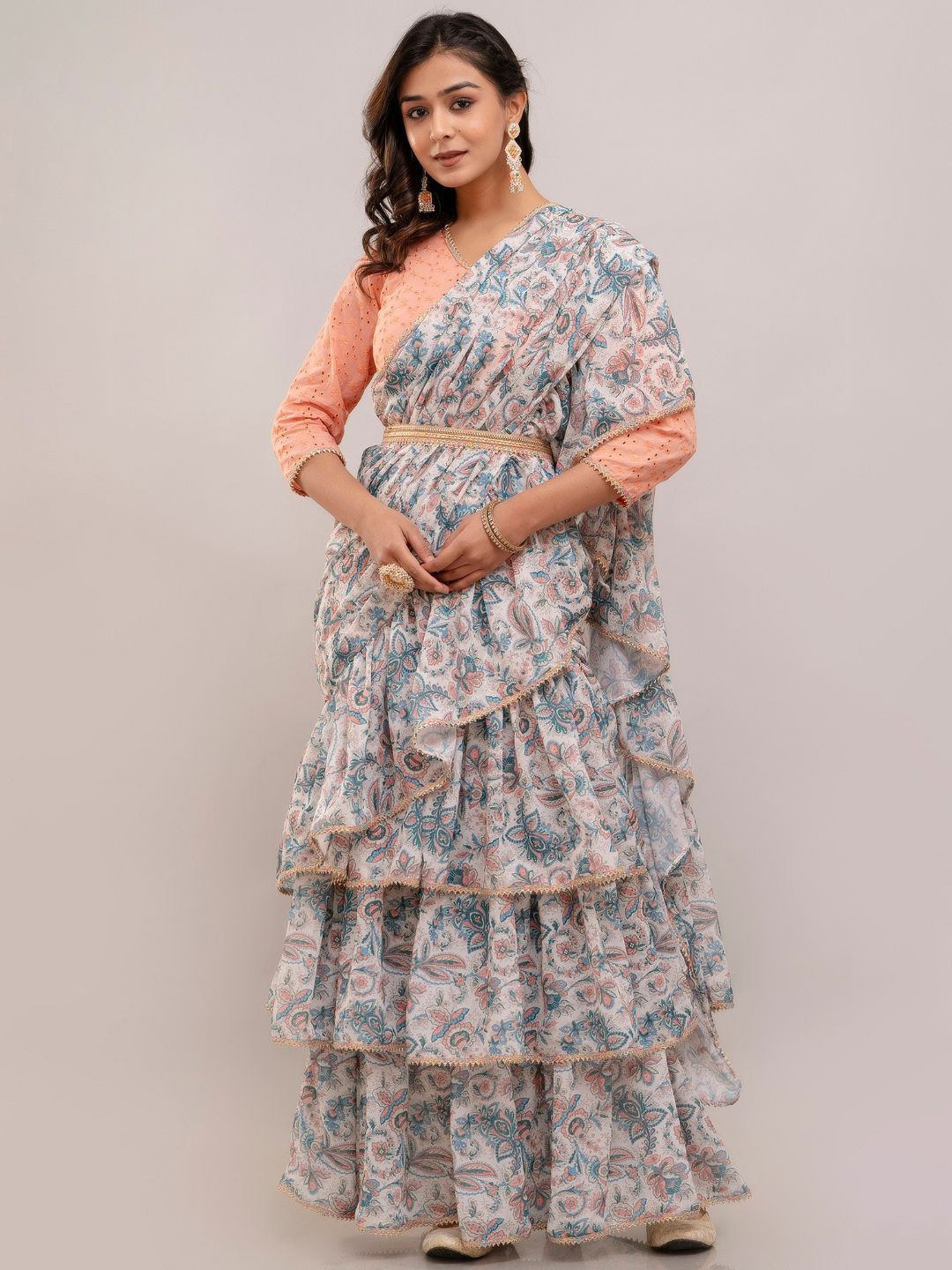 Jaipurite Paisley Chikankari Pure Georgette Ready to Wear Block Print Saree