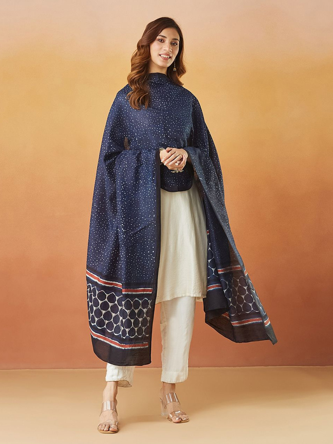 Fabindia Indigo Cotton Silk Dabu Printed Dupatta