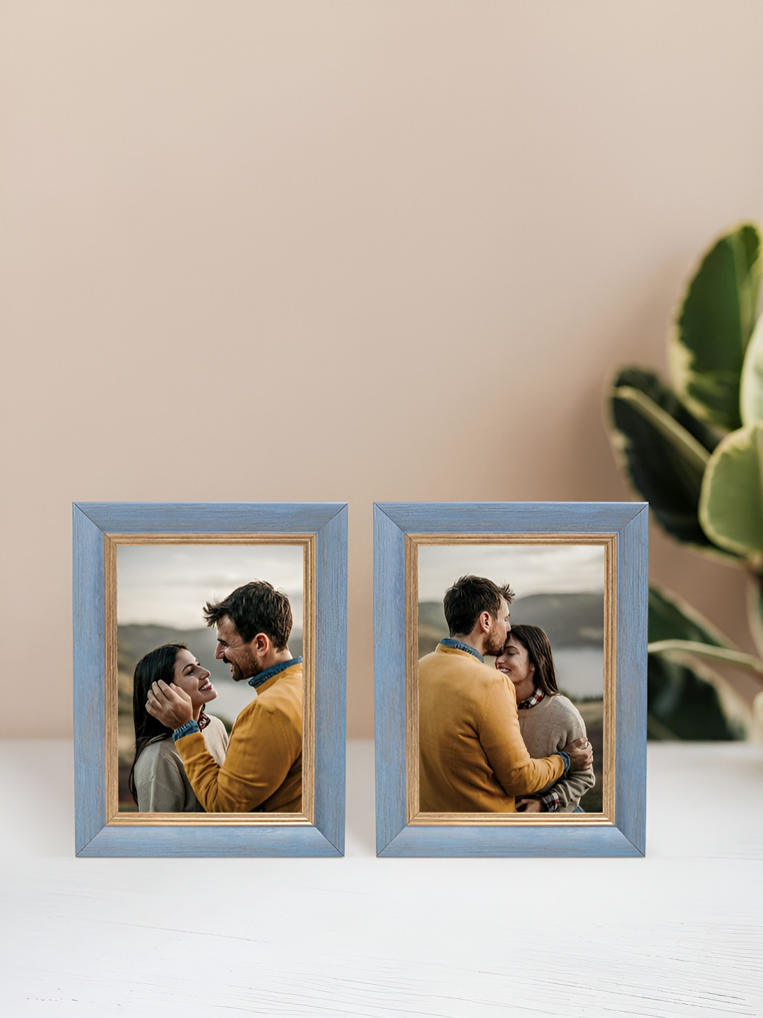 Golden Peacock Blue 2 Pieces Rectangular Table-Top Photo Frames