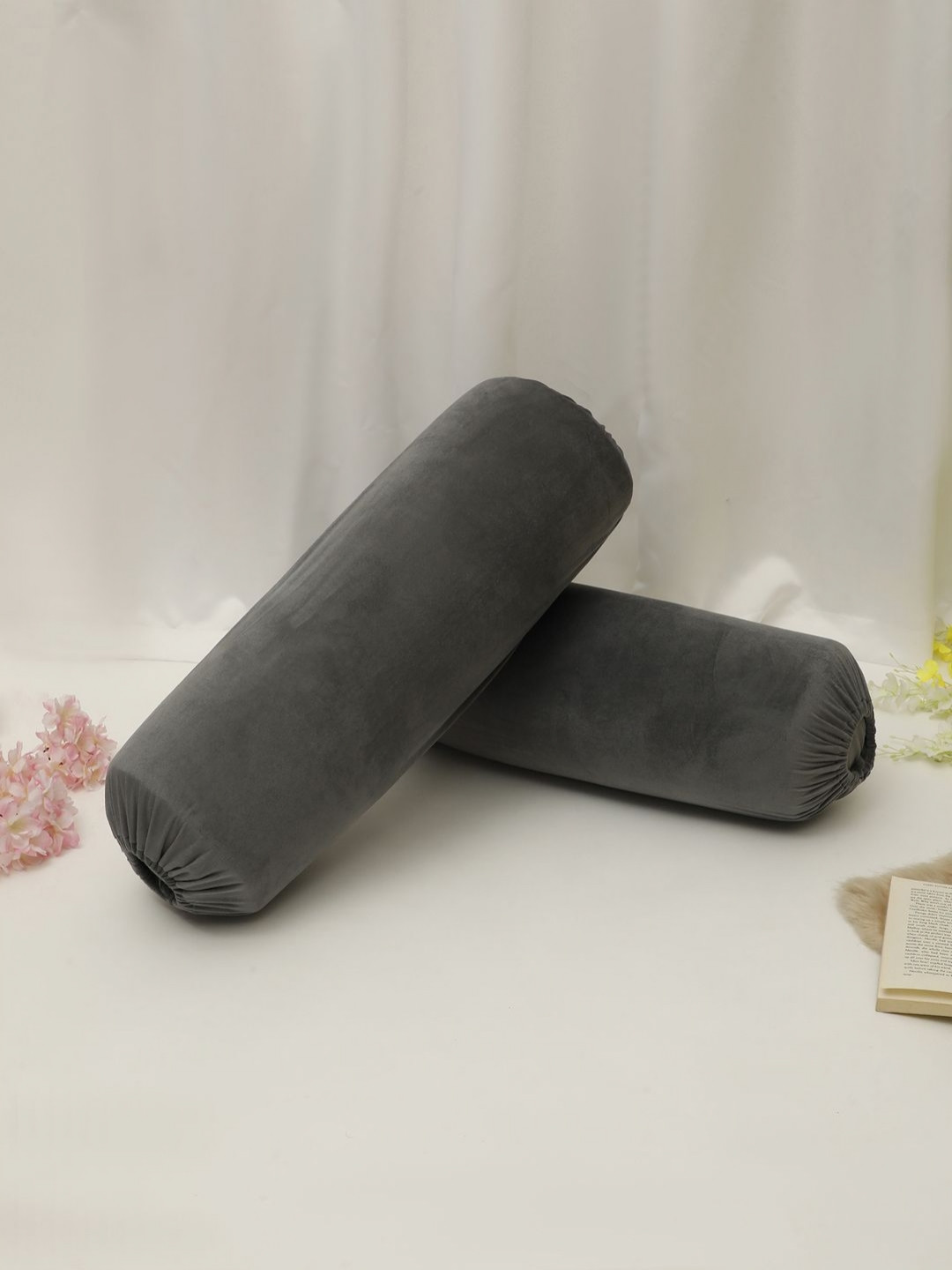 THE CONVERSION Grey 2 Pieces Premium Soft Velvet Bolster Covers