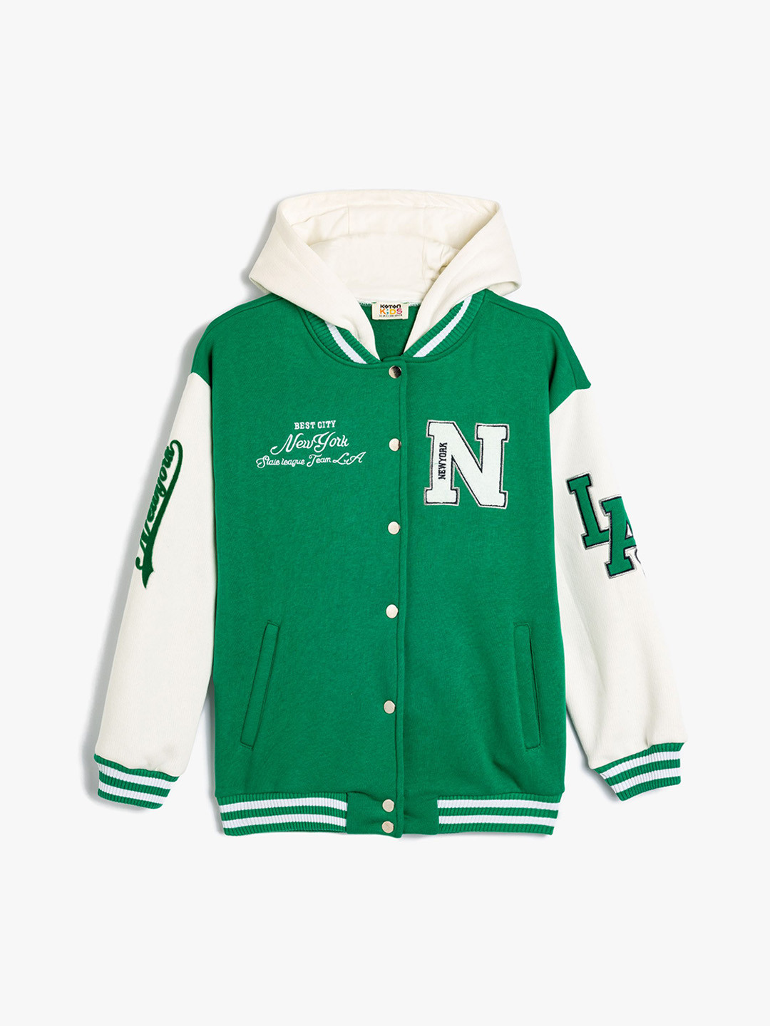 Koton Girls Hooded Open Front Jacket with Embroidered Details