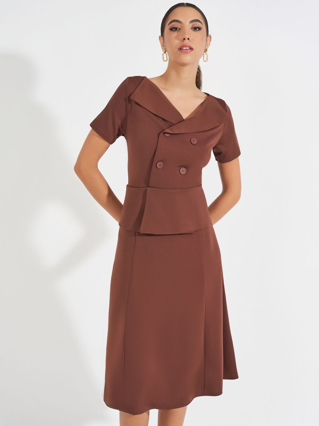 Styli V-Neck Women Knitted Weave Peplum Style Blazer Midi Dress