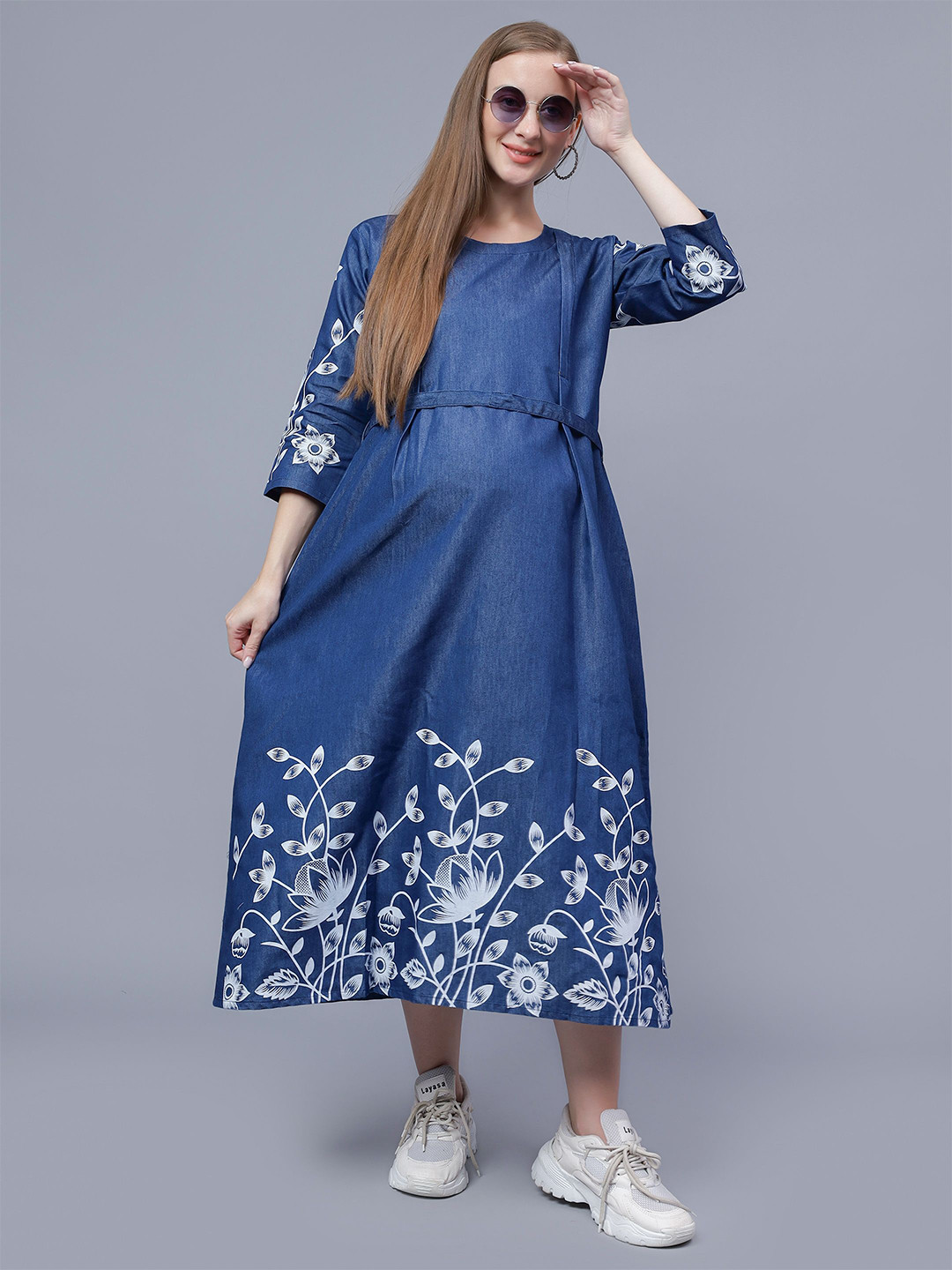 NIGHTSPREE Print Denim Maternity Fit & Flare Dress