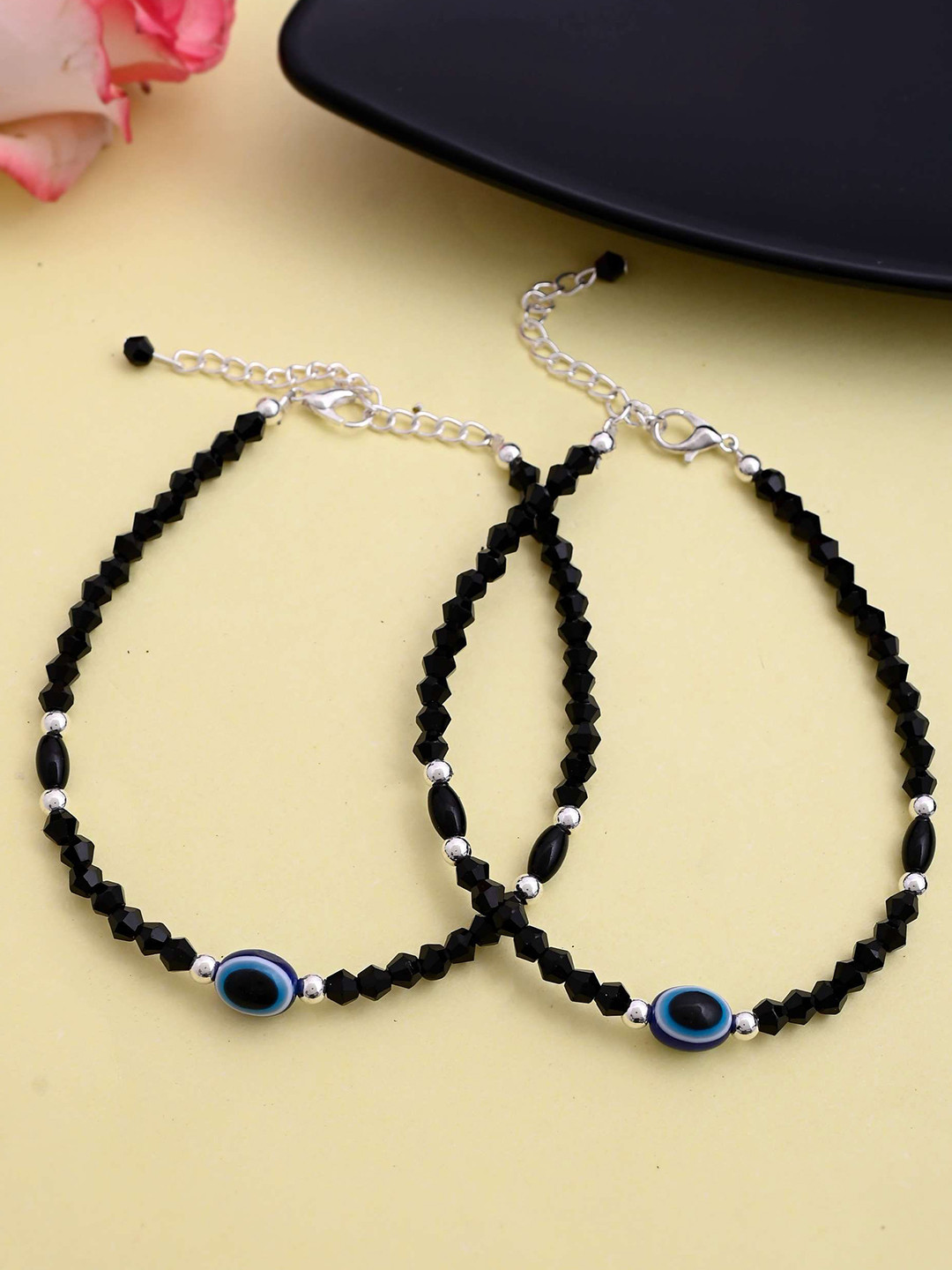 VOJ Silver-Plated Stainless Steel Evil Eye Beaded Adjustable Anklet