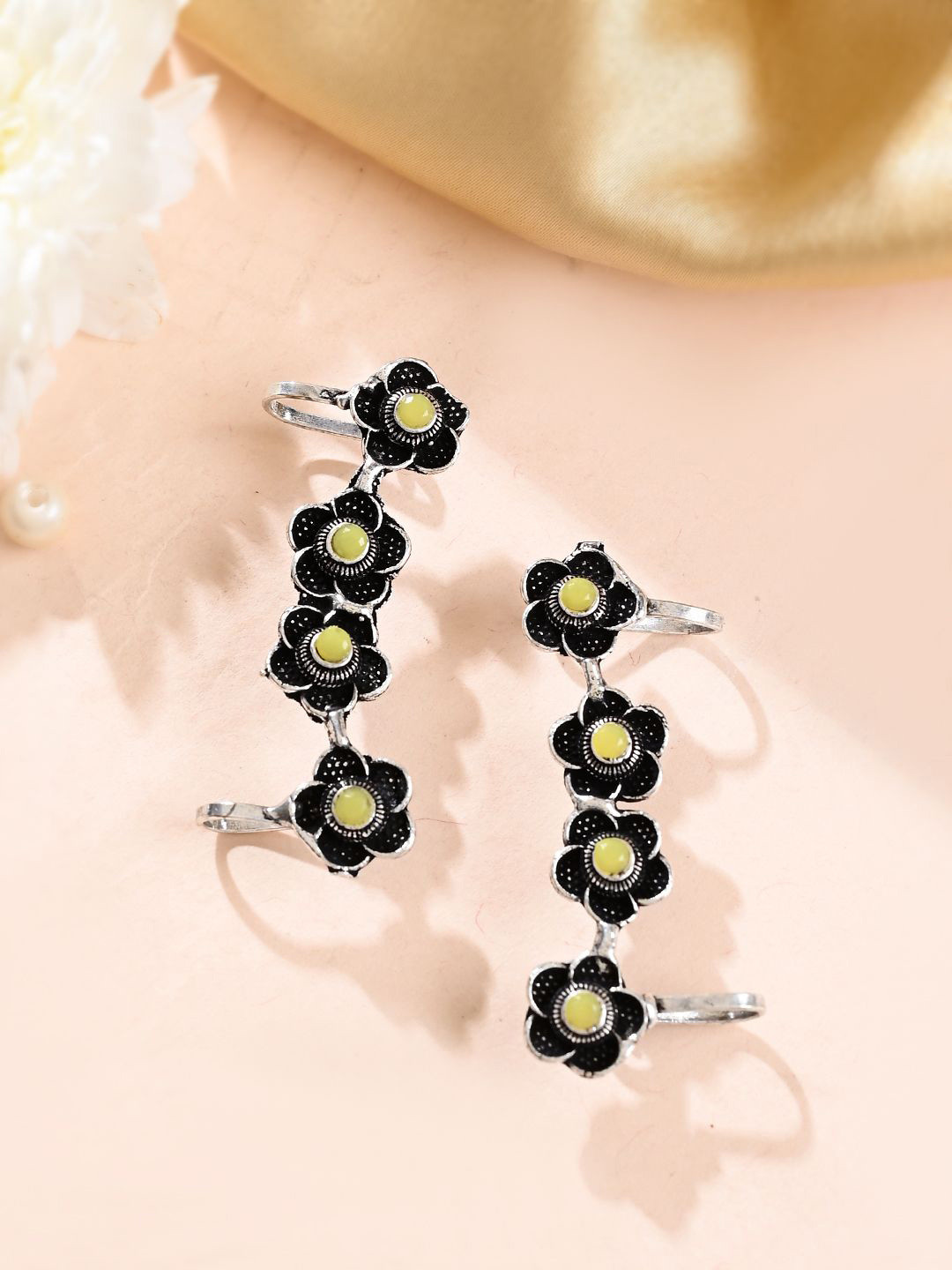 Silvermerc Designs Silver-Plated Oxidised Stone Studded Ear Cuff Earrings
