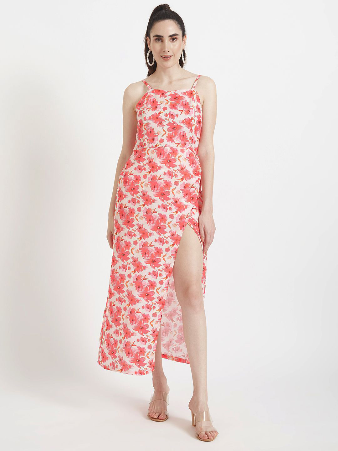 AMSWAN Women Floral Printed Shoulder Staps Maxi Dress