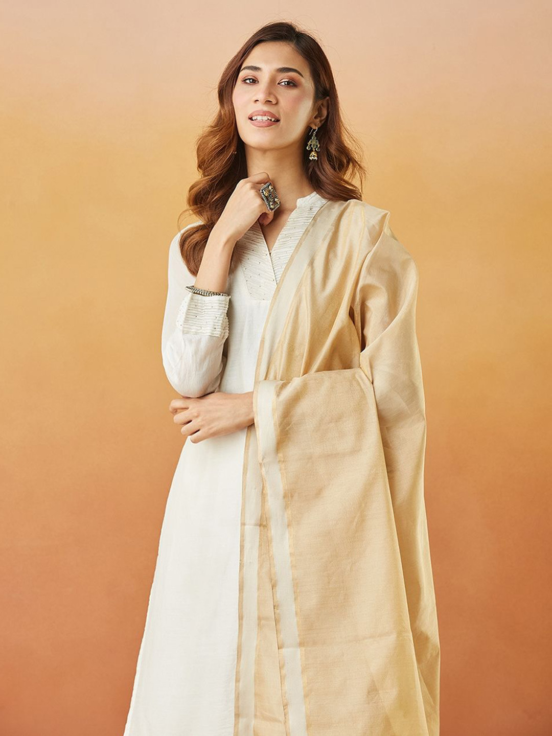 Fabindia Beige Cotton Blend Hand Block Printed Dupatta