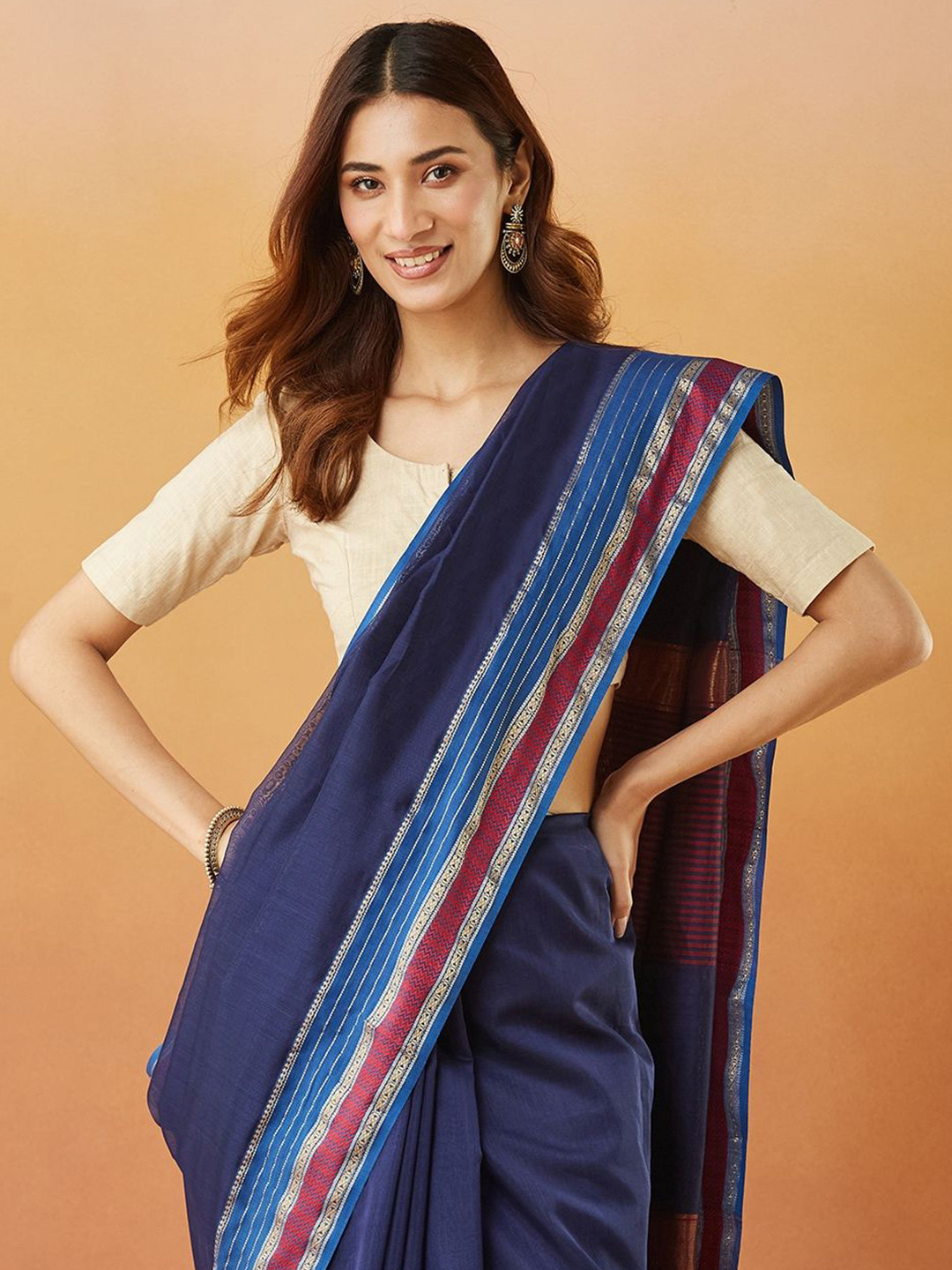 Fabindia Navy Cotton Silk Blend Woven Maheshwari Sari