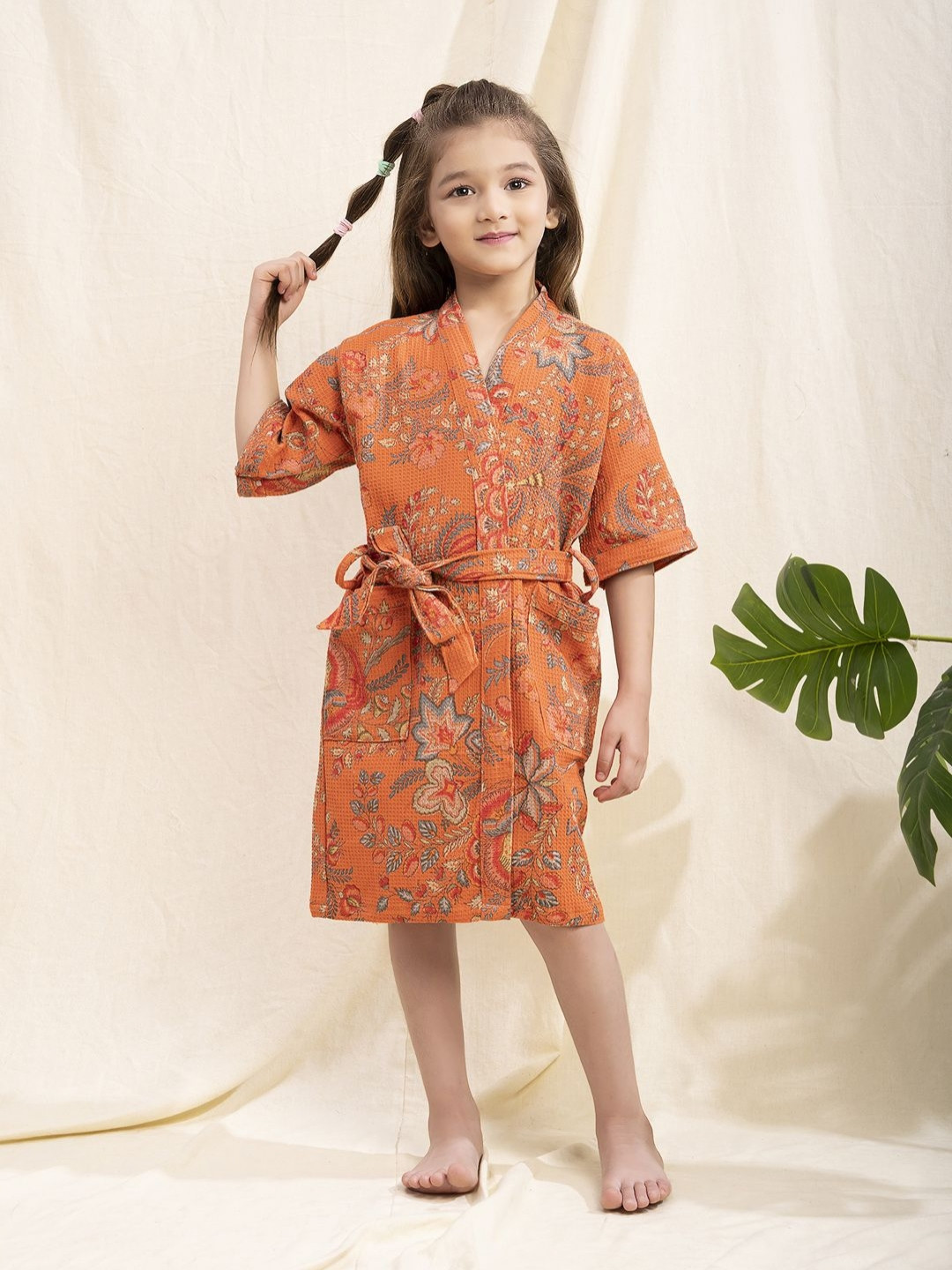 HotGown Waffle Orange Floral Cotton Drawstring Knee Length Bath Robe-M