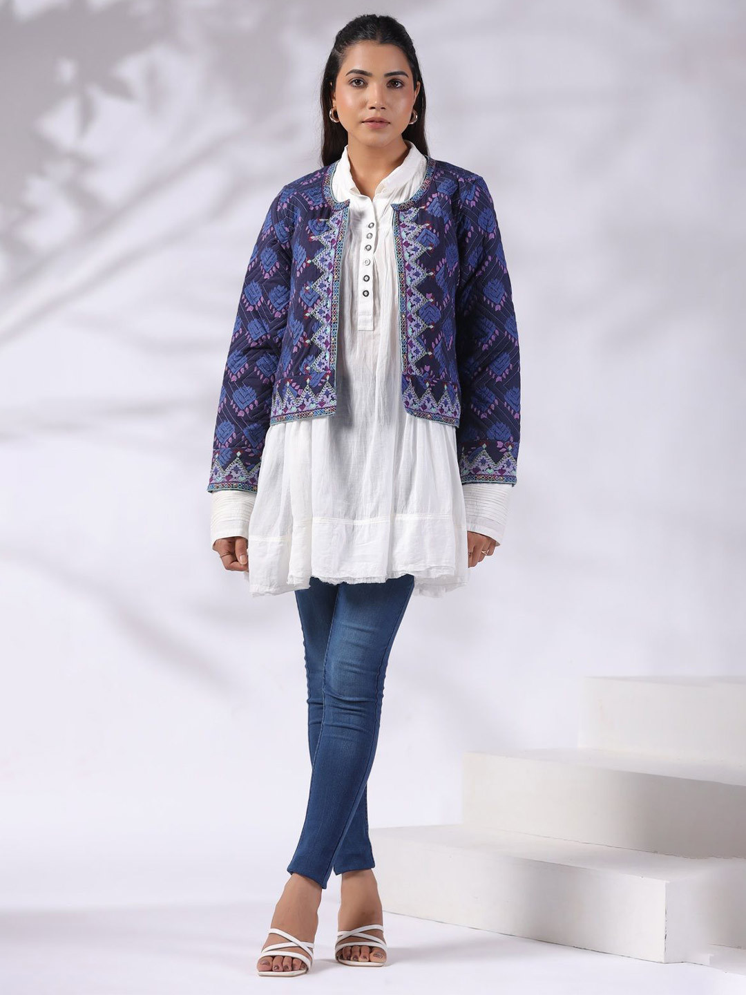 Nyaro Women Blue Viscose Embroidered & Beads Work Jacket