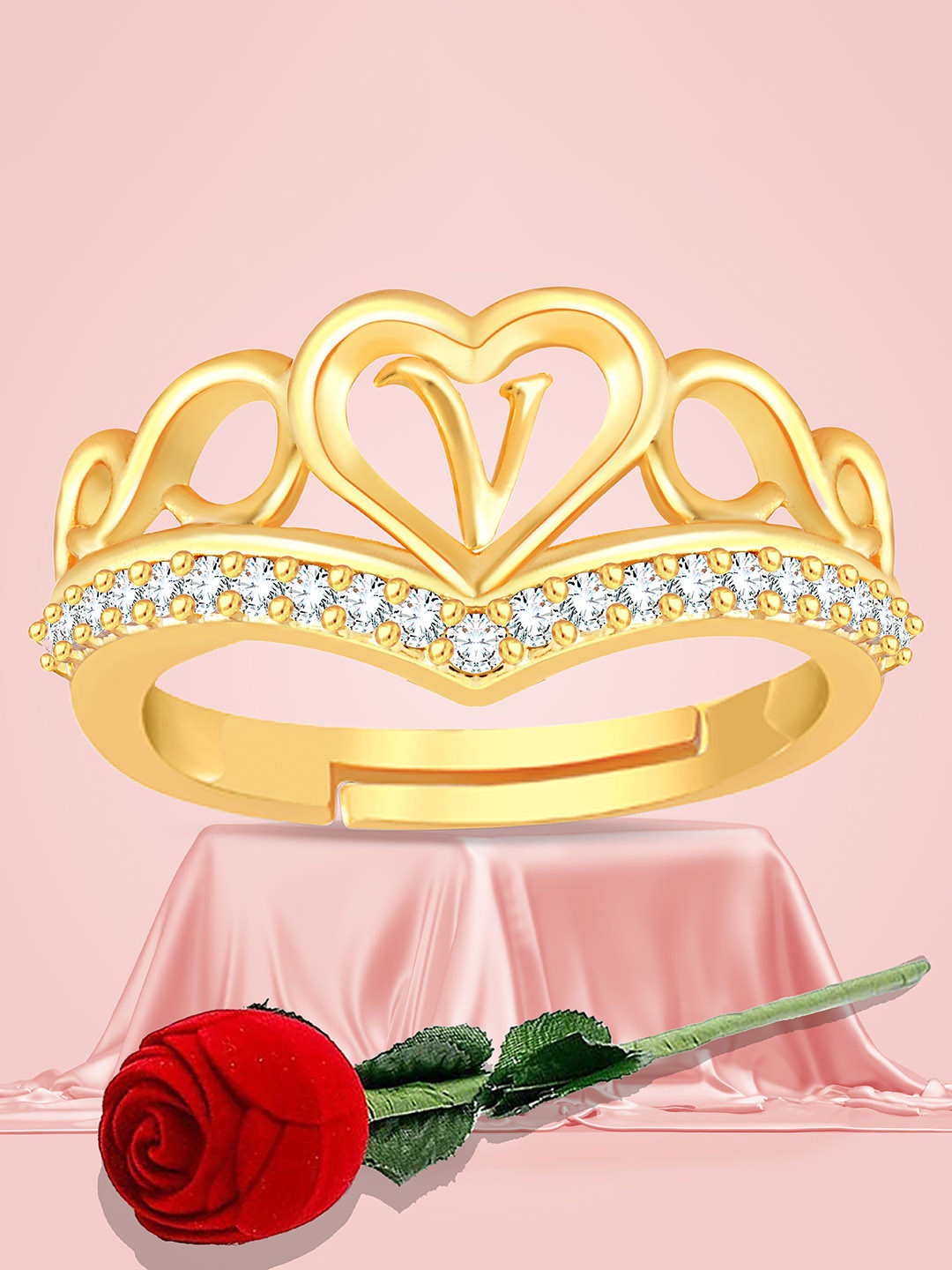 Lila Gold-Plated Heart Shaped With V Alphabet American Diamond Studded Finger Ring