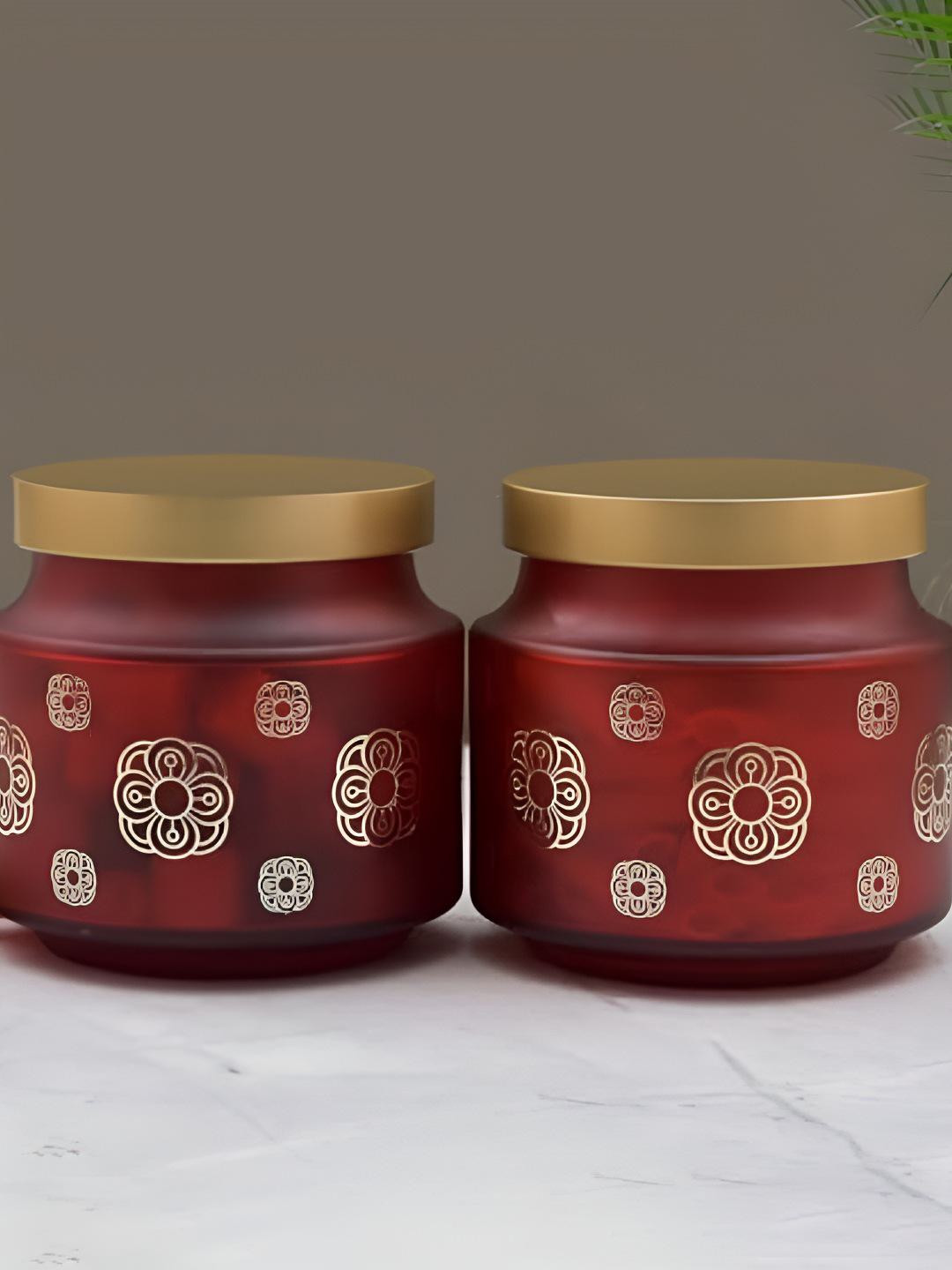 Tyche Enterprises Rejoice Red Floral Glass Dishwasher Safe 2 Piece Flip Top Canister-600ml