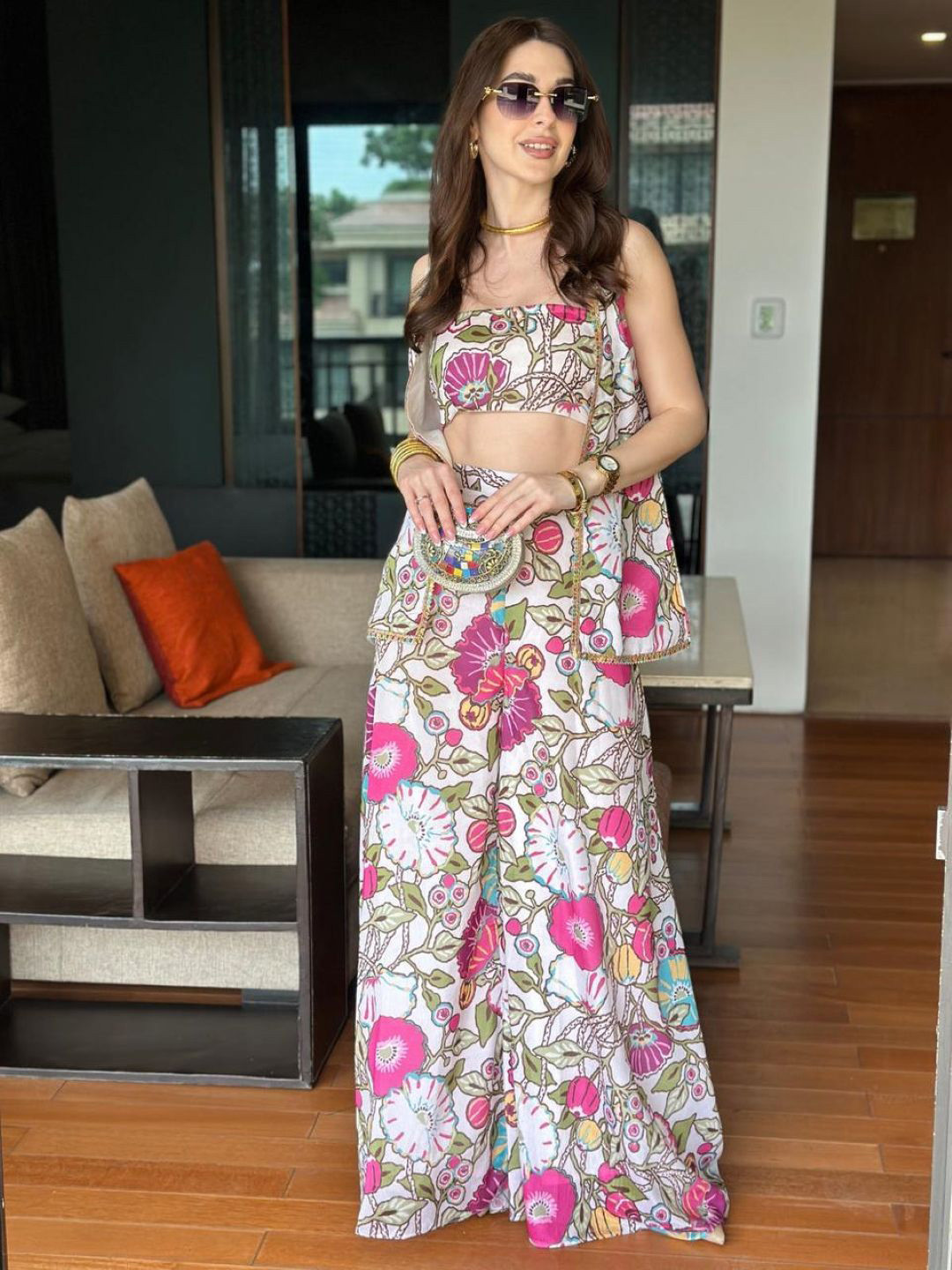 StyleAsh Floral Printed Off-Shoulder Top With Palazzos & Shrug