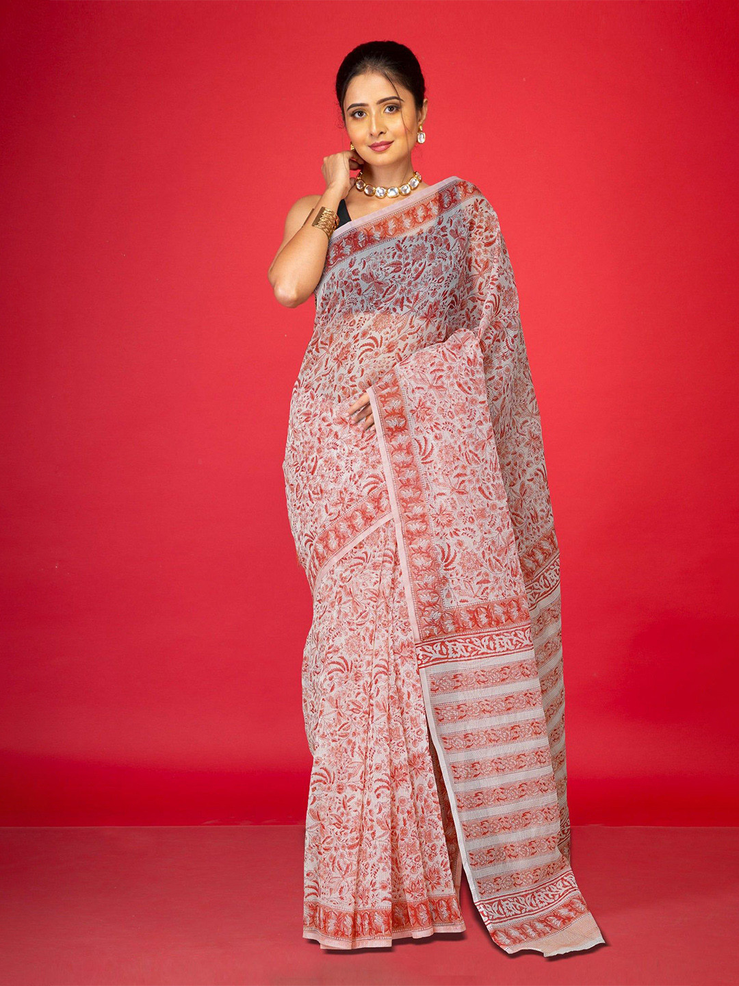Unnati Silks Ethnic Motifs Net Handloom Block Print Saree