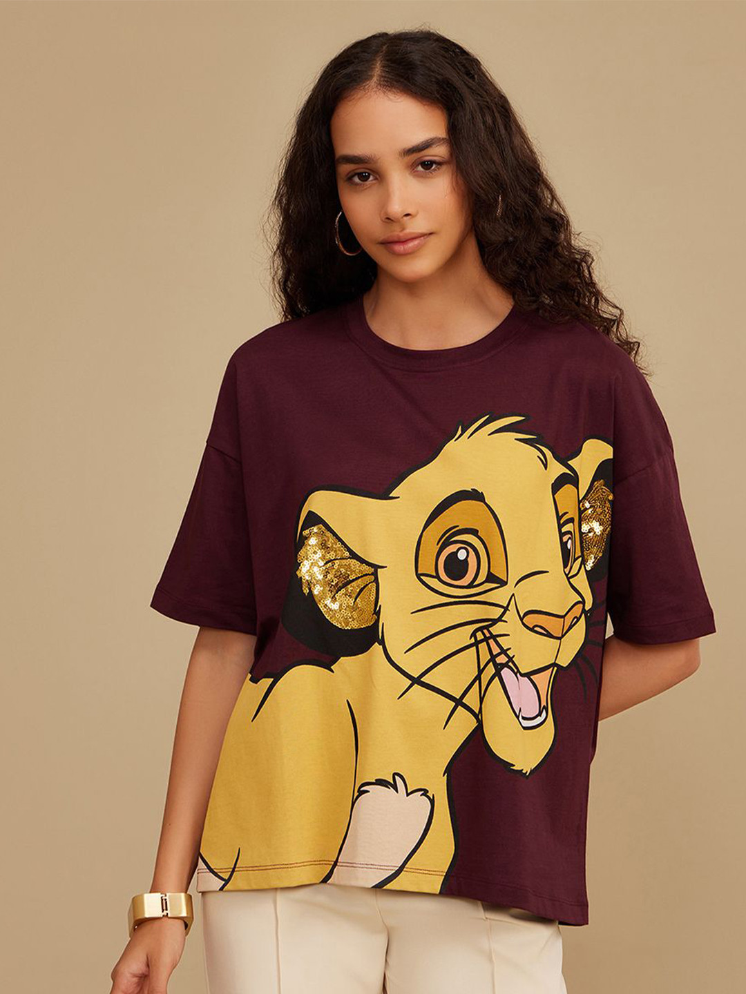 Kazo Women Simba Graphic Printed Round Neck Cotton Boxy T-shirt