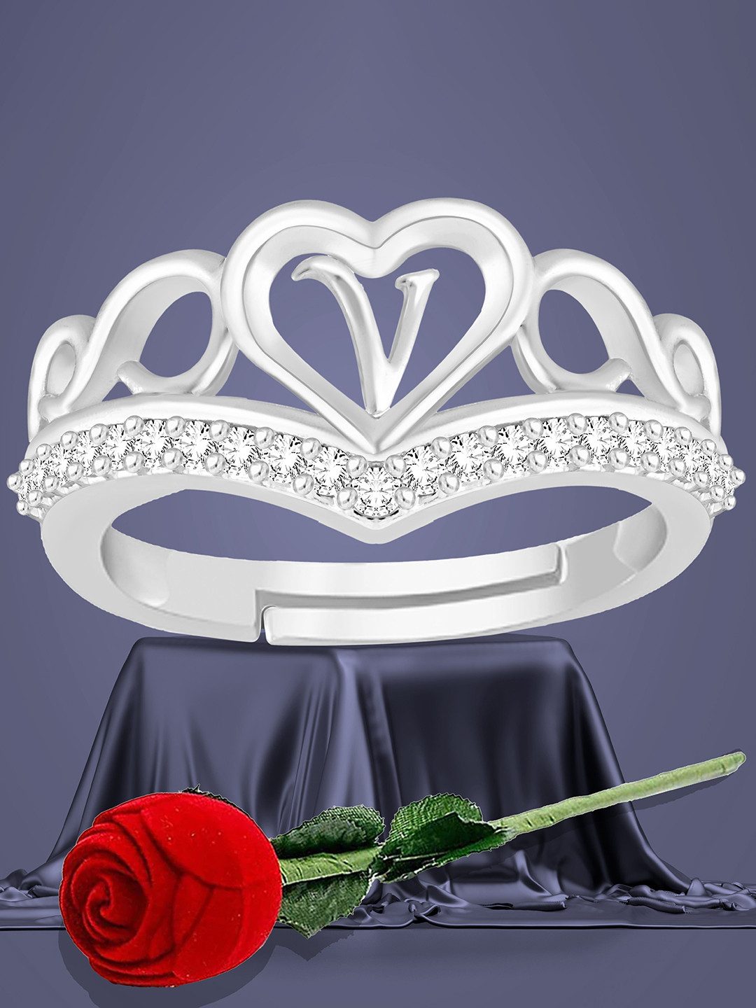 Lila Unisex Silver-Plated American Diamond-Studded Letter V Heart Alphabet Adjustable Ring