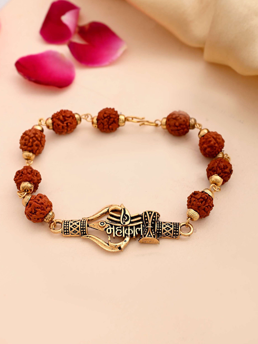 VOJ Men Gold-Plated Stainless Steel Rudraksh Mahakal Link Bracelet