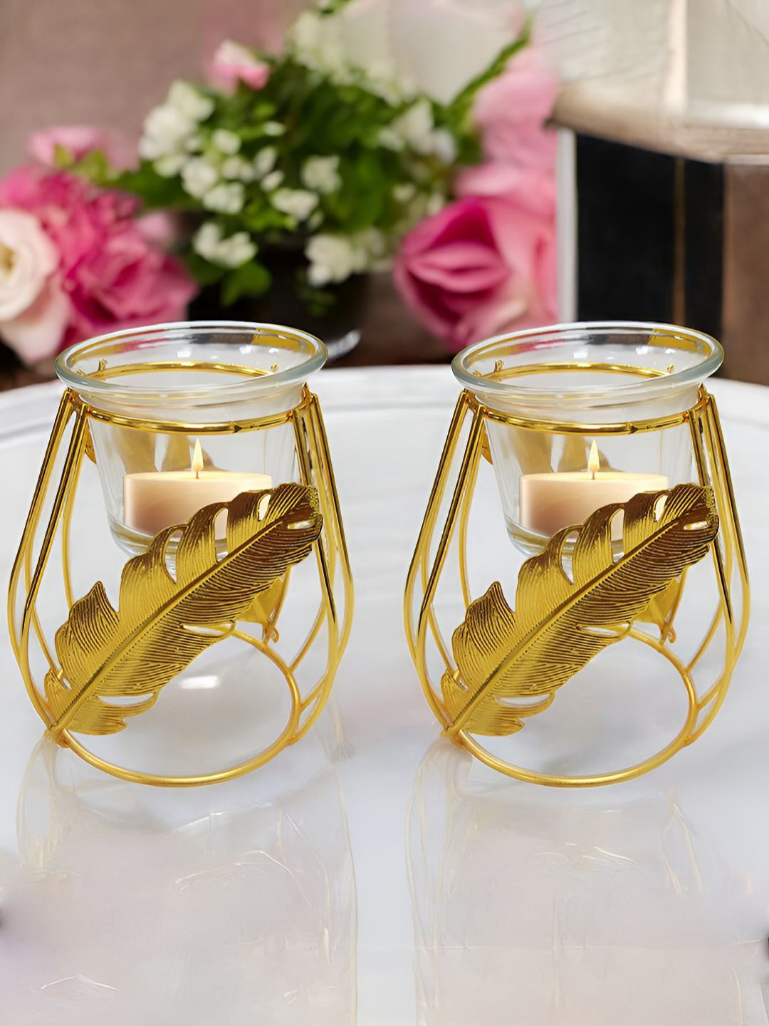 Art Street Set of 2 Transparent & Gold-Toned Metal Tealight Holders