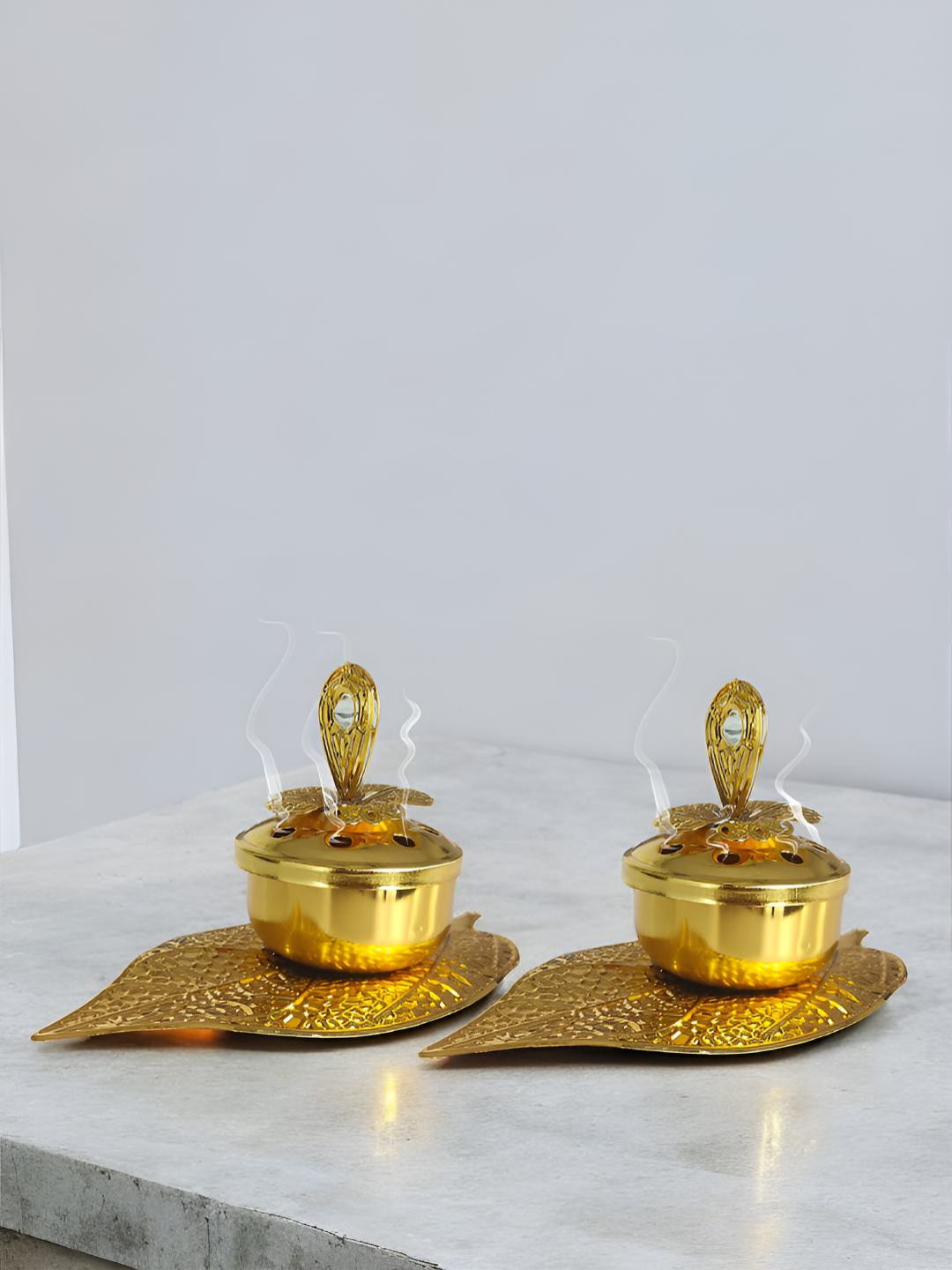 Art Street Diwali Tealight Holder Dhoopdani Golden Leaf Tray Loban Incense Burner