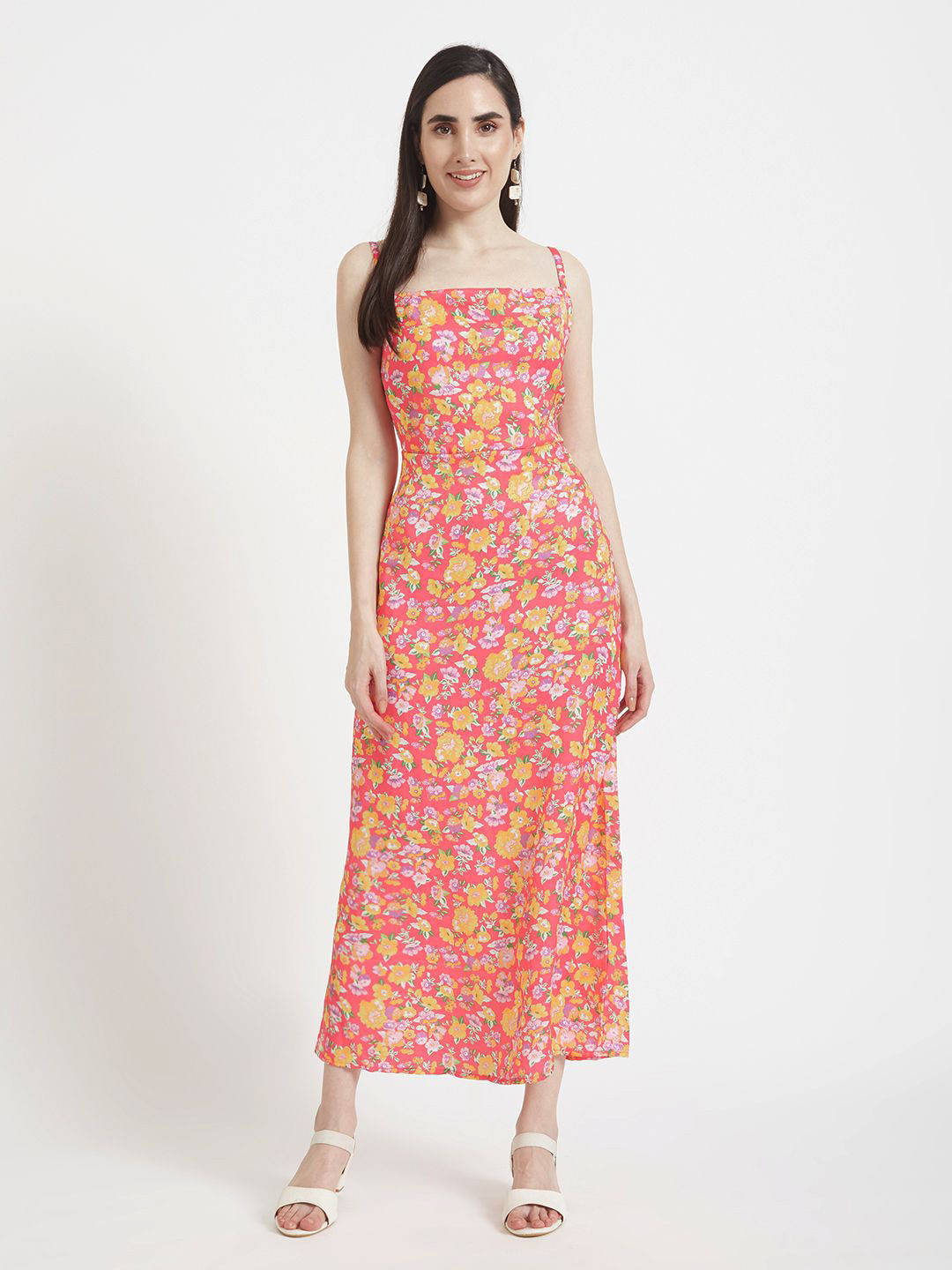 AMSWAN Women Floral Printed Shoulder Staps Maxi Dress