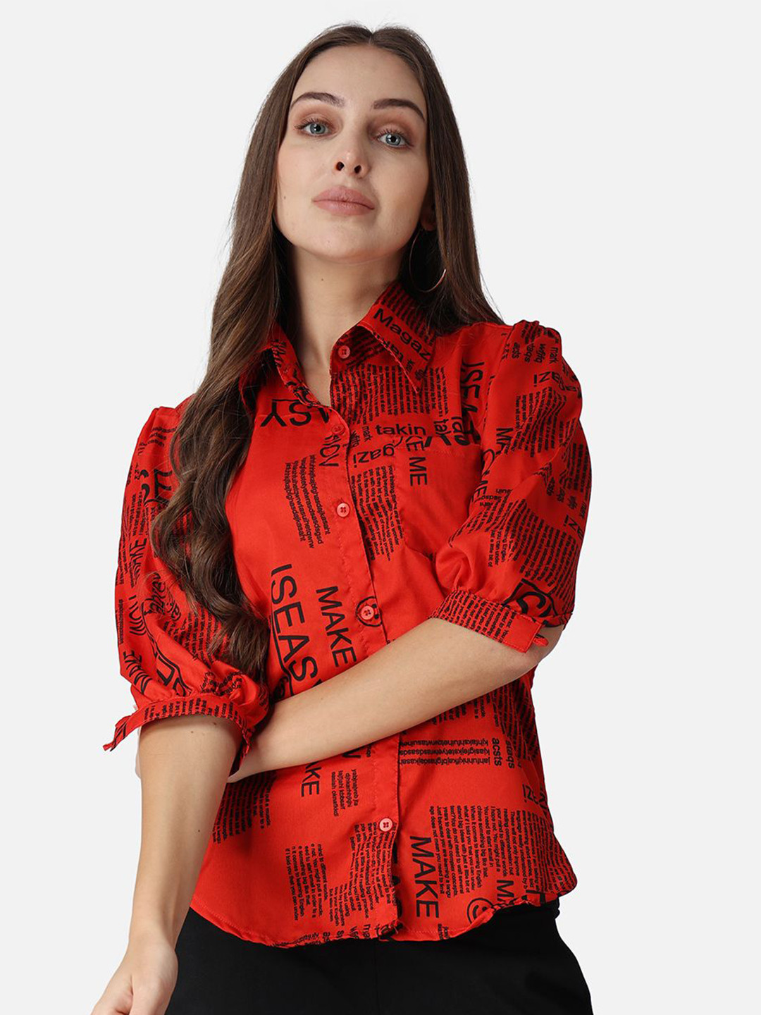 MINOS Women Classic Spread Collar Typography Printed Crepe Casual Shirt