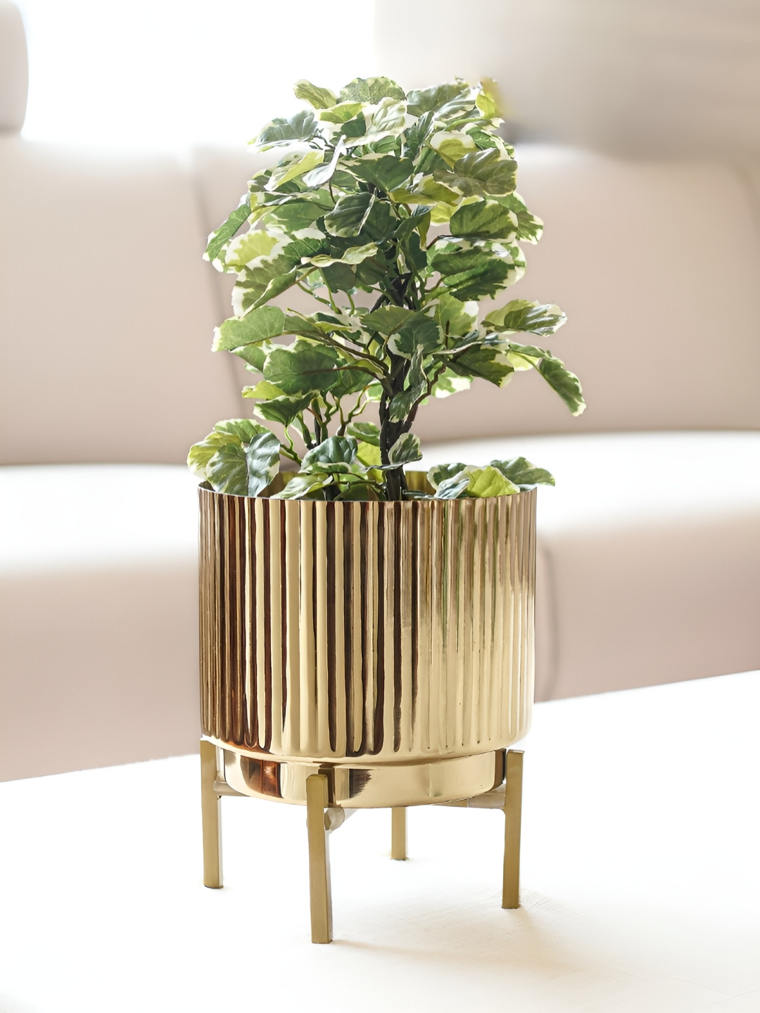 BEHOMA Gold Toned Small Fluted Metal Planter With Stand