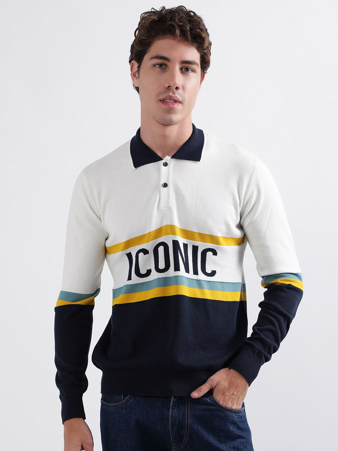 Iconic Men Typography Colourblocked Pullover Sweater