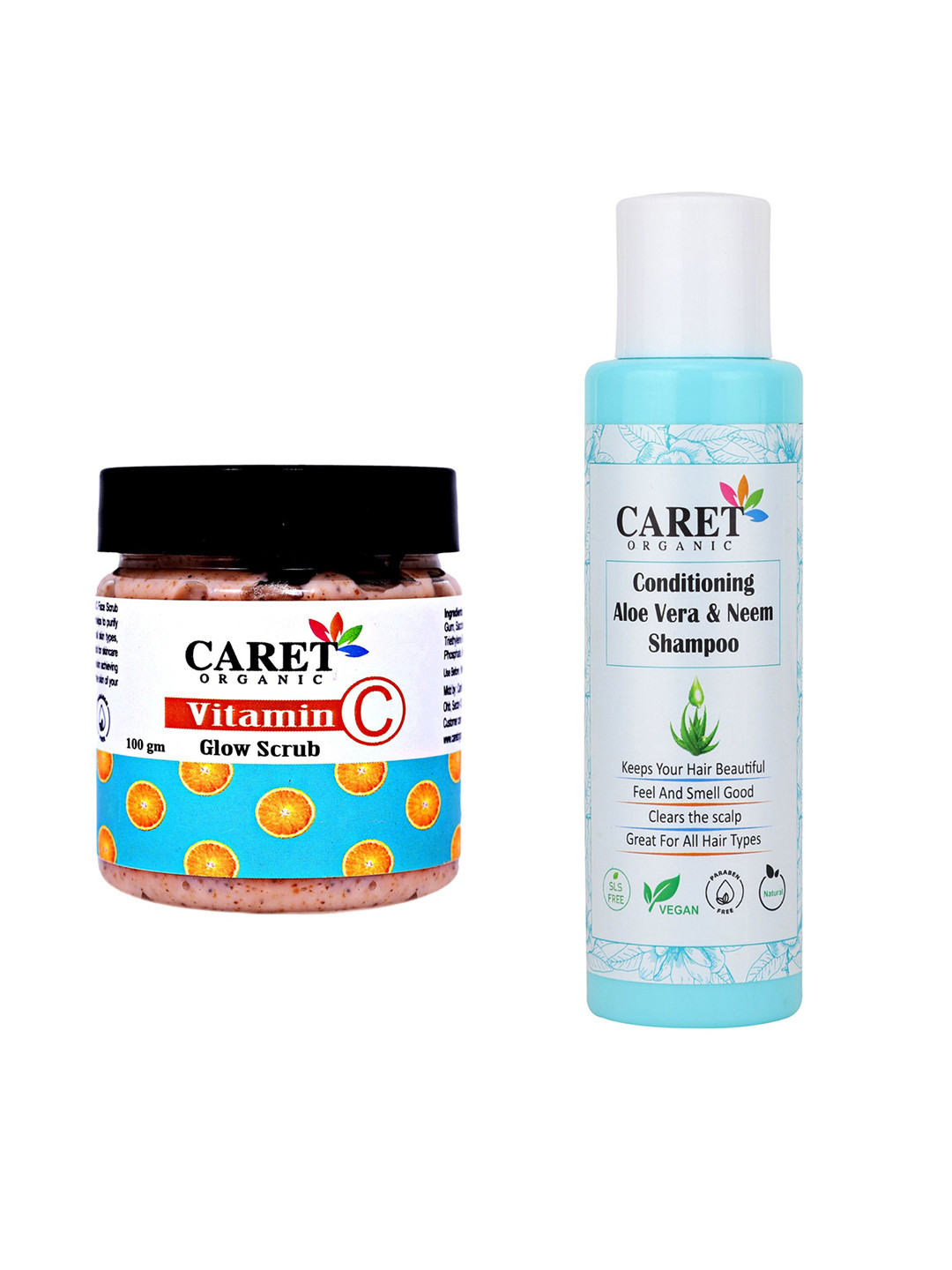 CARET ORGANIC Aloevera & Neem Shampoo & Vitamin C Glow Scrub Combo-100 g Each