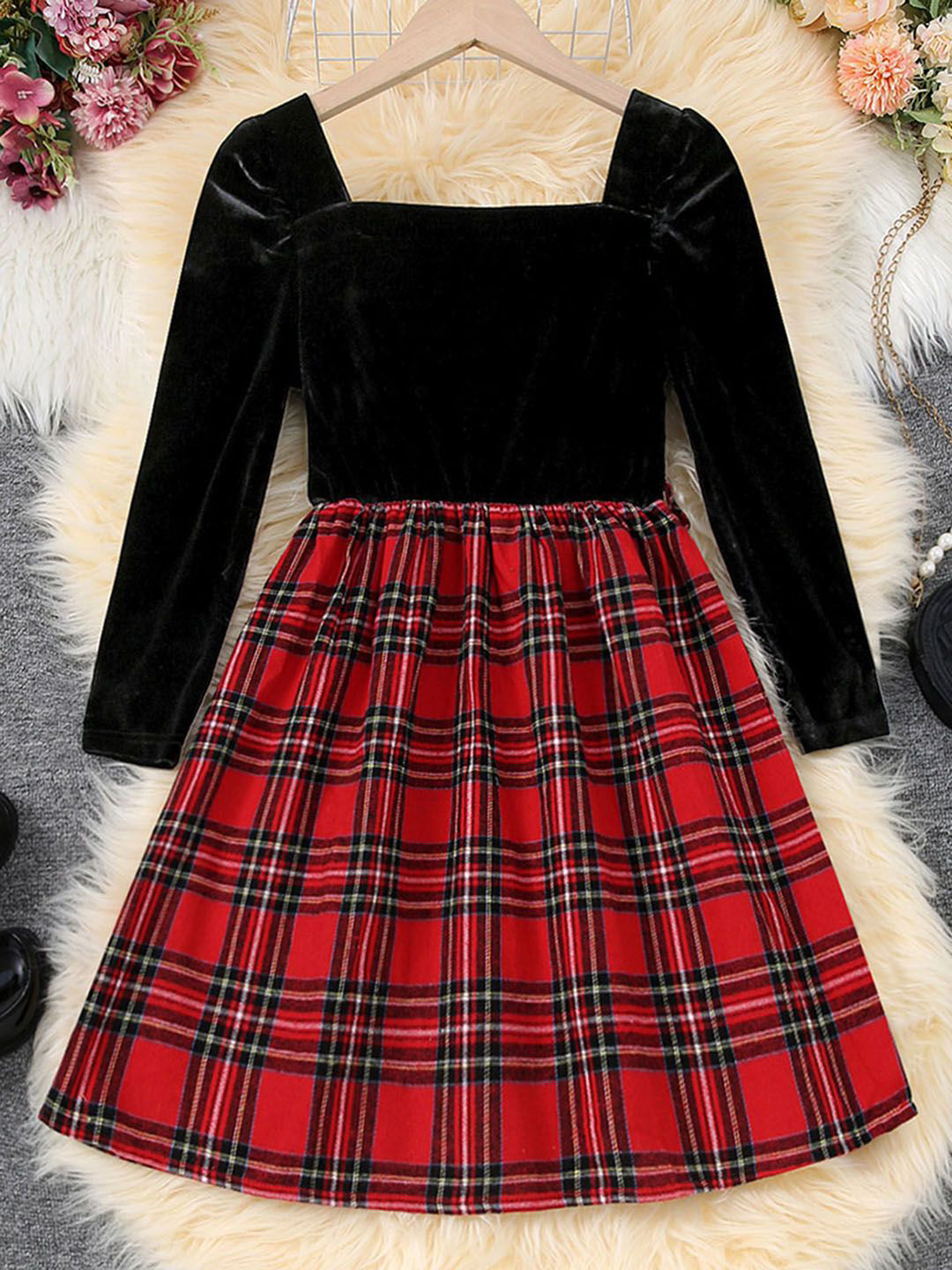 INCLUD Checked Fit and Flare Long Sleeves Dress