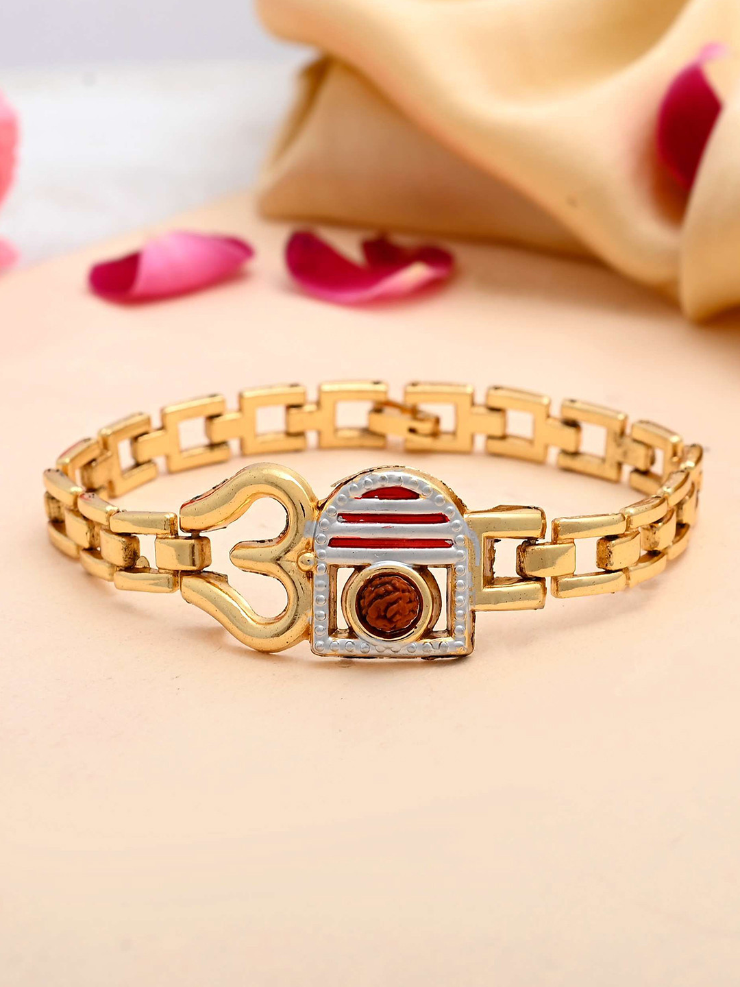 VOJ Men Gold-Plated Stainless Steel Rudraksh Om Link Bracelet