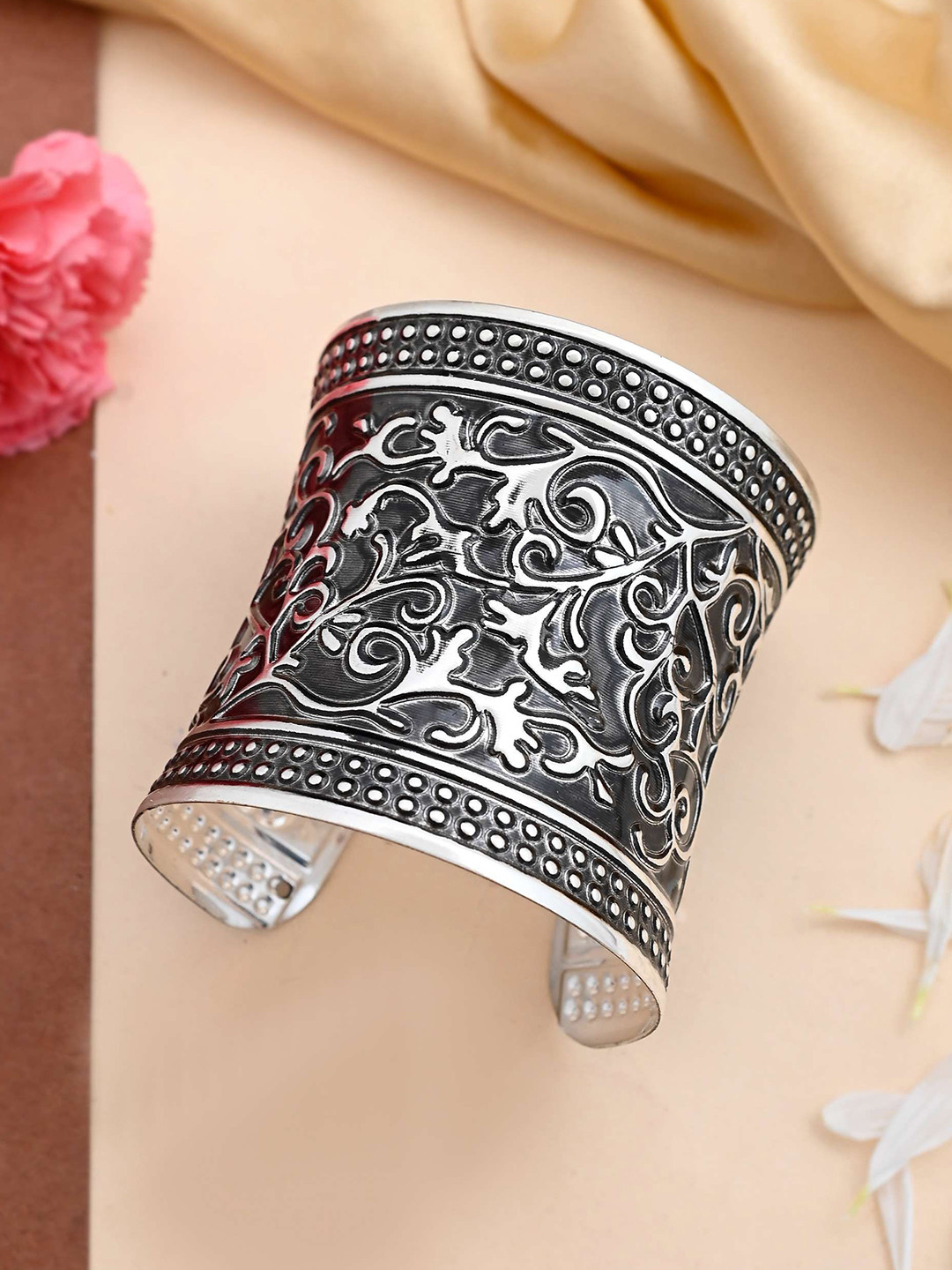 VOJ Silver-Plated Stainless Steel Oxidised Cuff Bracelet