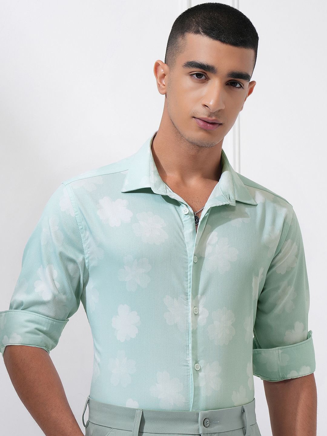 Highlander Men Mint Dobby Textured Printed Day Occasion Slim Fit Shirt