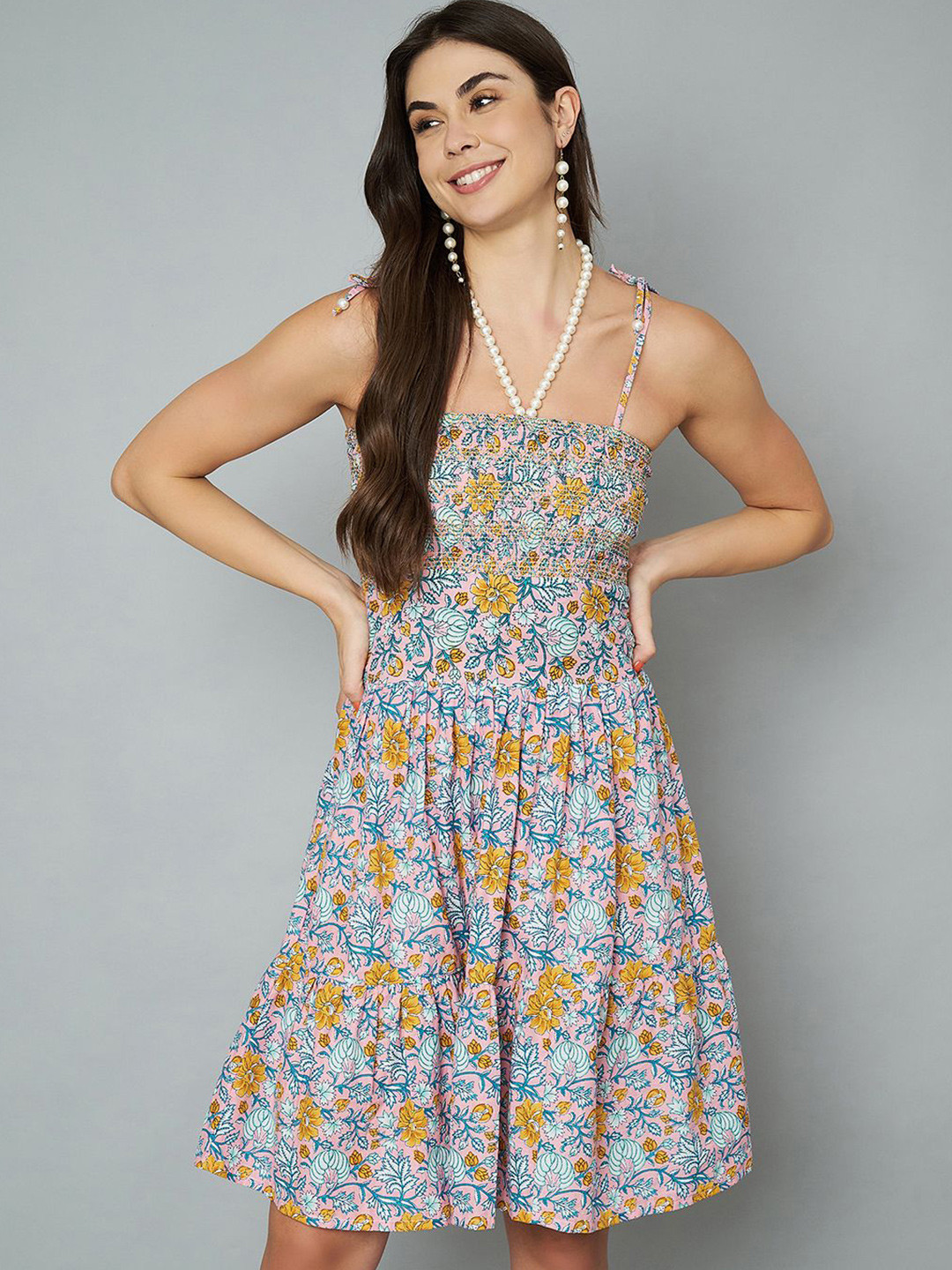 COTLAND FASHION Women Cotton Floral Printed Smocking Tier Midi Dress