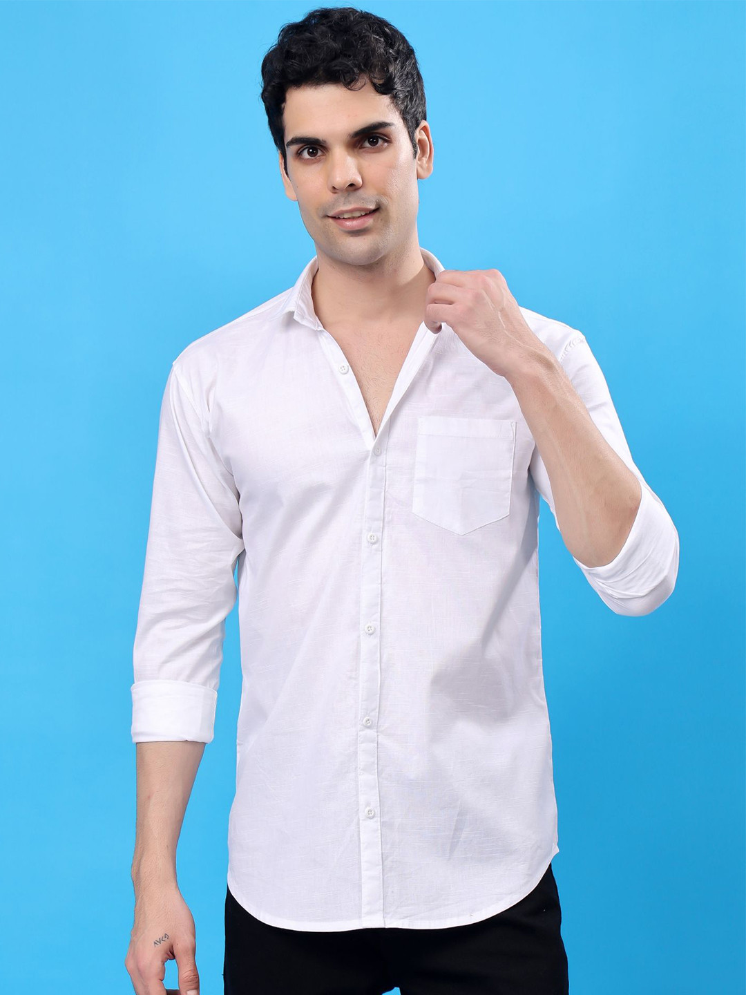 London Hills Men Standard Spread Collar Solid Cotton Linen Casual Shirt