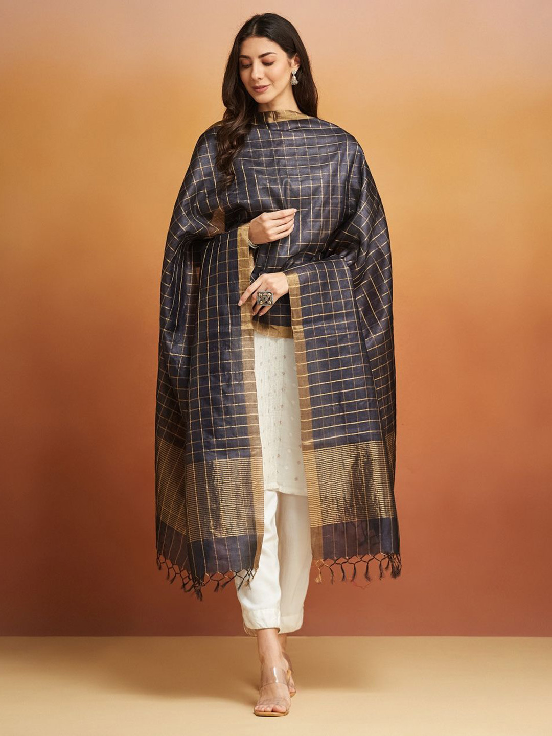 Fabindia Navy Silk Blend Dupatta