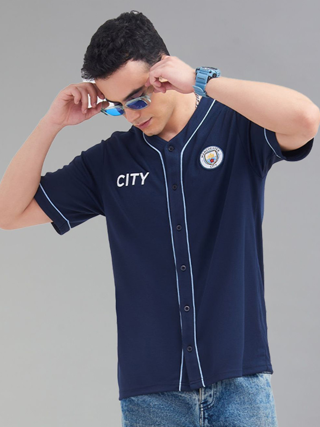 Manchester City FC Men Relaxed Collarless Brand Logo Printed Casual Shirt