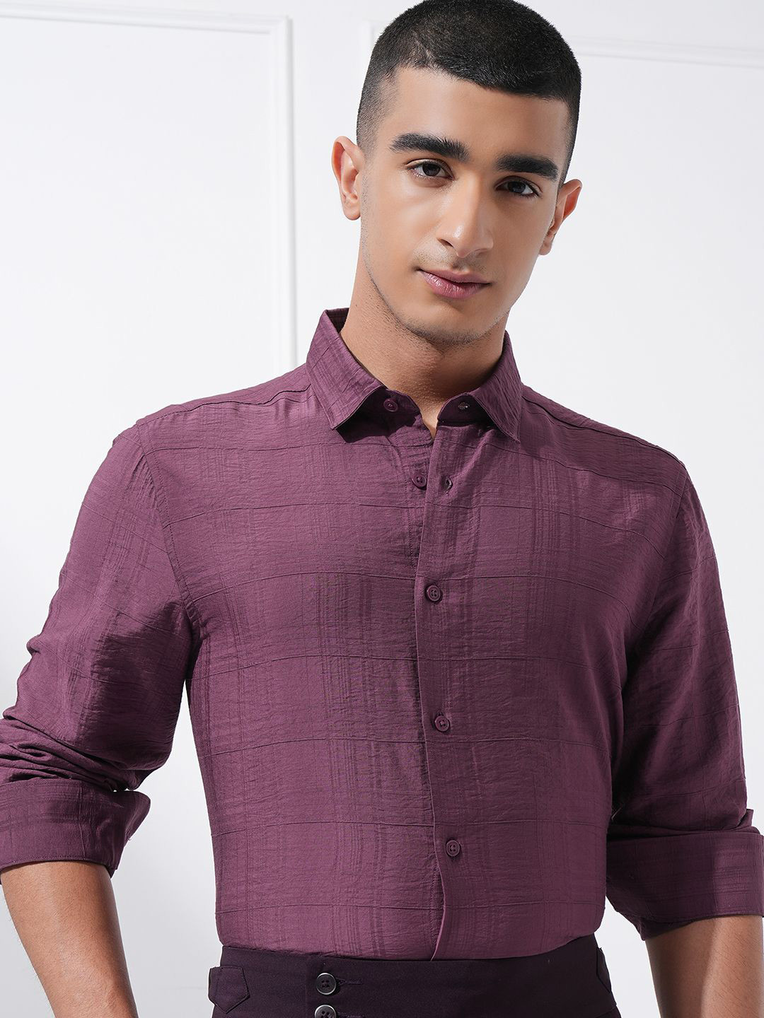 Highlander Men Burgandy Dobby Textured Solid Day Occasion Shirt