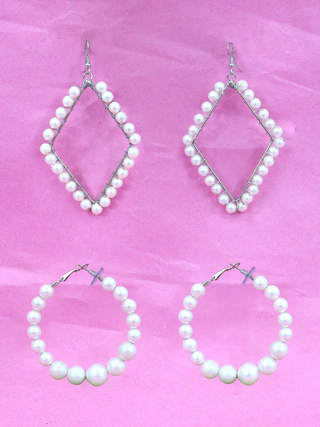 FIMBUL Set of 2 Silver-Plated Pearls Beaded Hoop & Drop Earrings