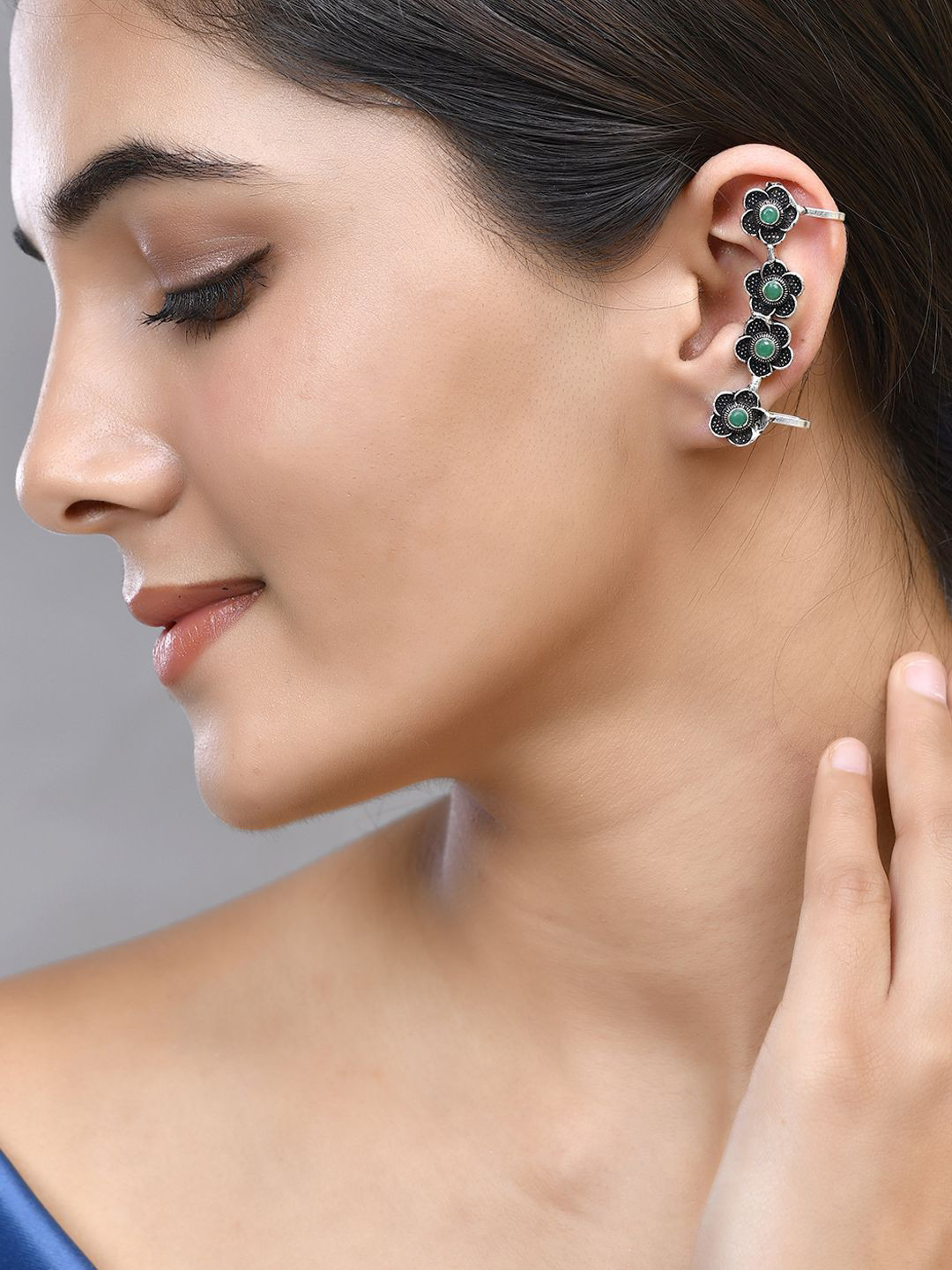 Silvermerc Designs Silver-Plated Oxidised Stone Studded Ear Cuff Earrings