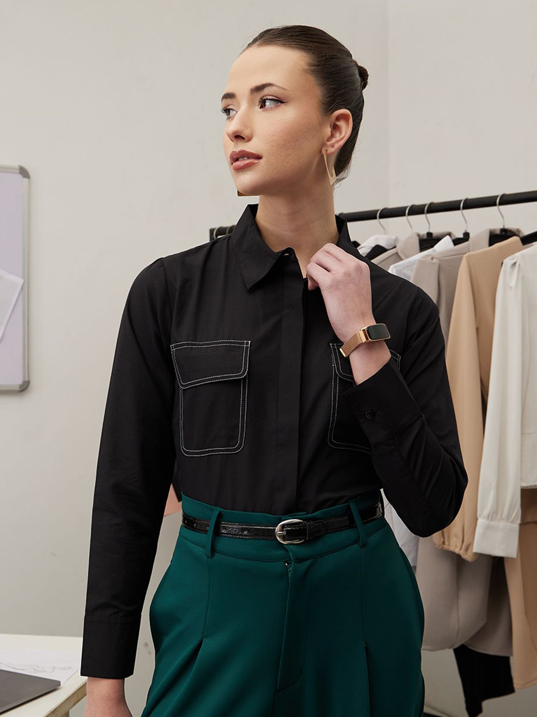 WORK IT by STREET 9 Women Smart Spread Collar Solid Cotton Tailored Fit Formal Shirt
