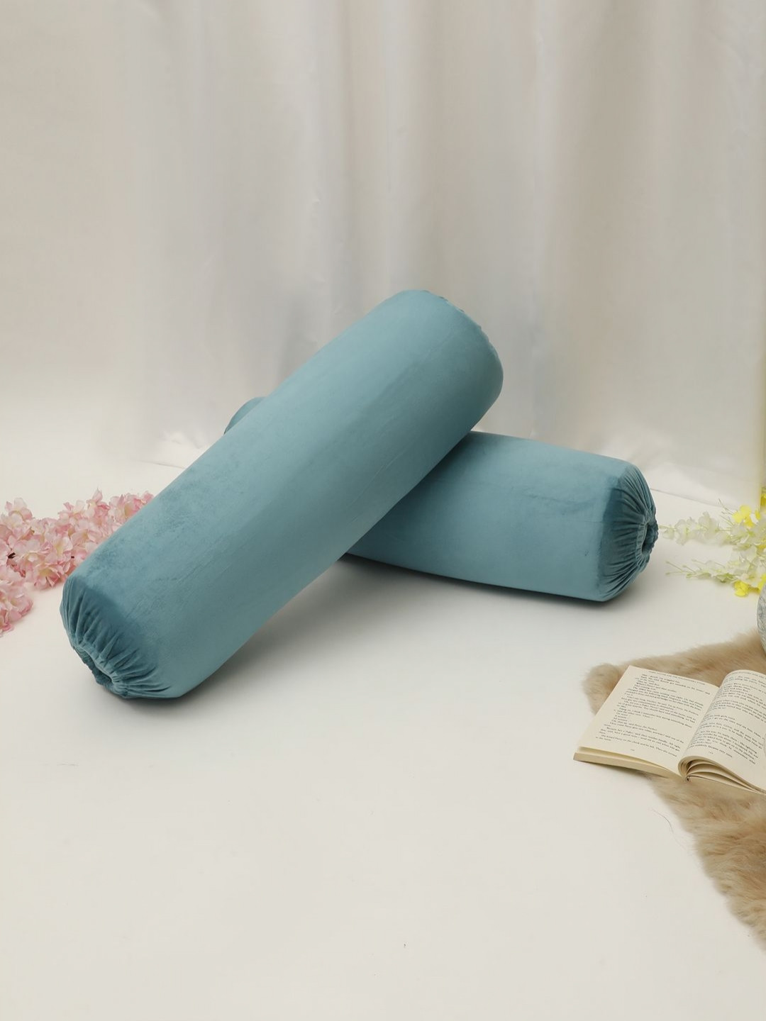 THE CONVERSION 2 Pieces Turquoise Blue Velvet Bolster Covers