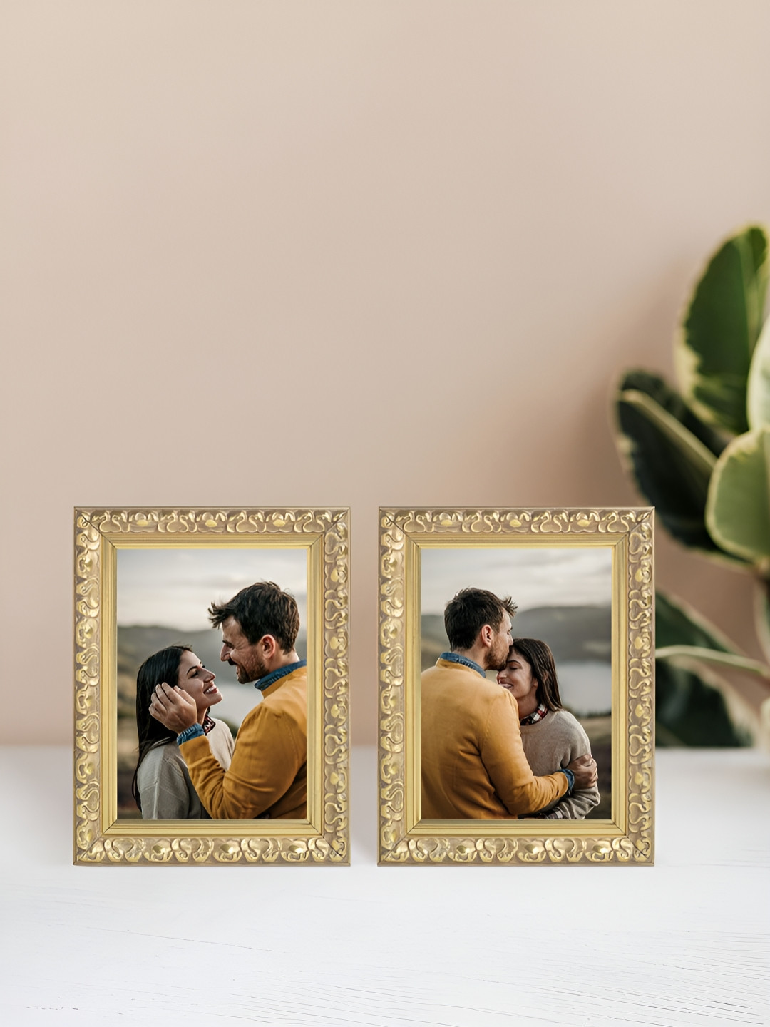 Golden Peacock Gold Toned 2 Pieces Self Design Rectangular Table-Top Photo Frames