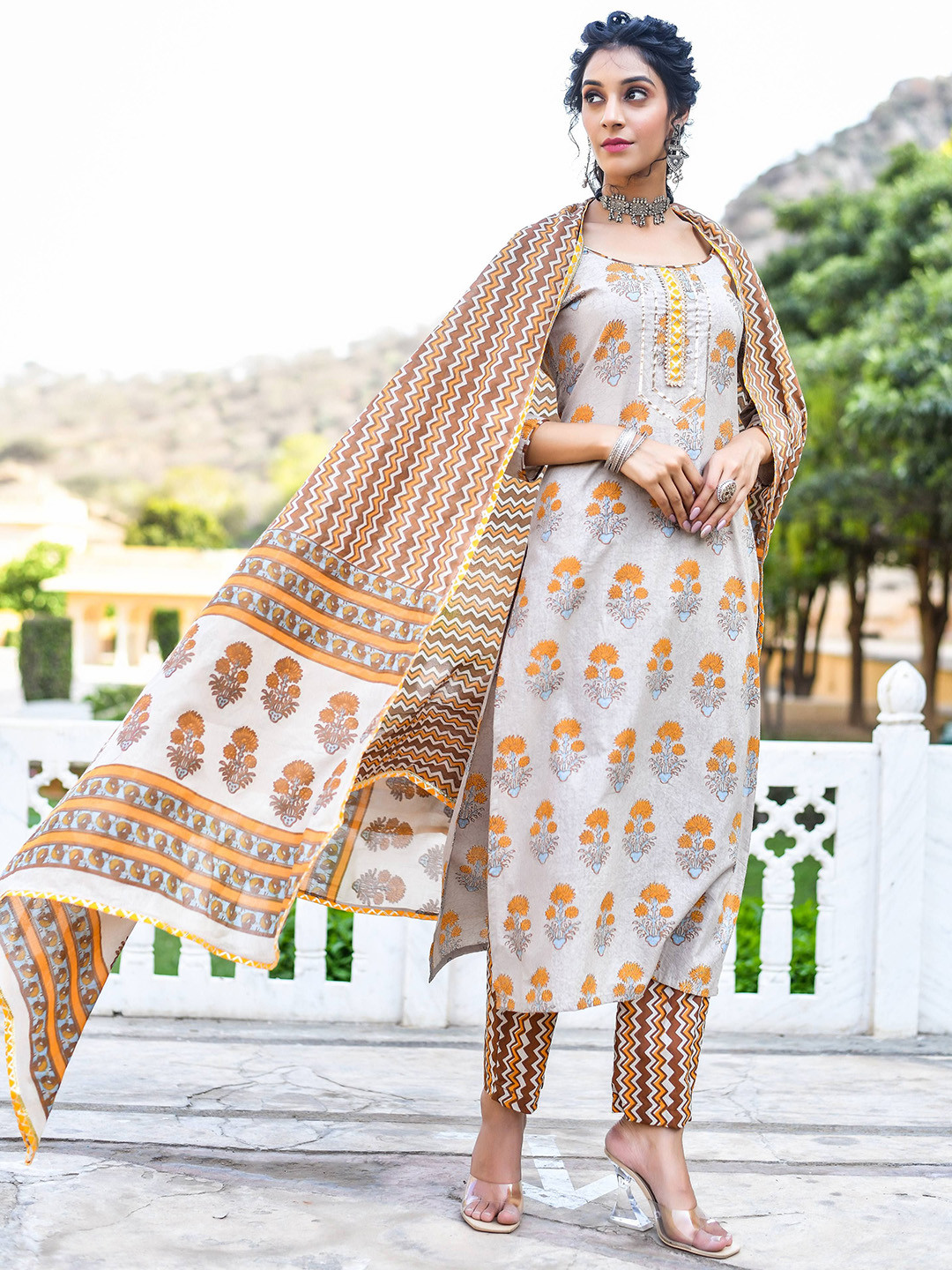 Anastay Clothing Women 3 Piece Printed Regular Pure Cotton Kurta with Palazzos & Dupatta