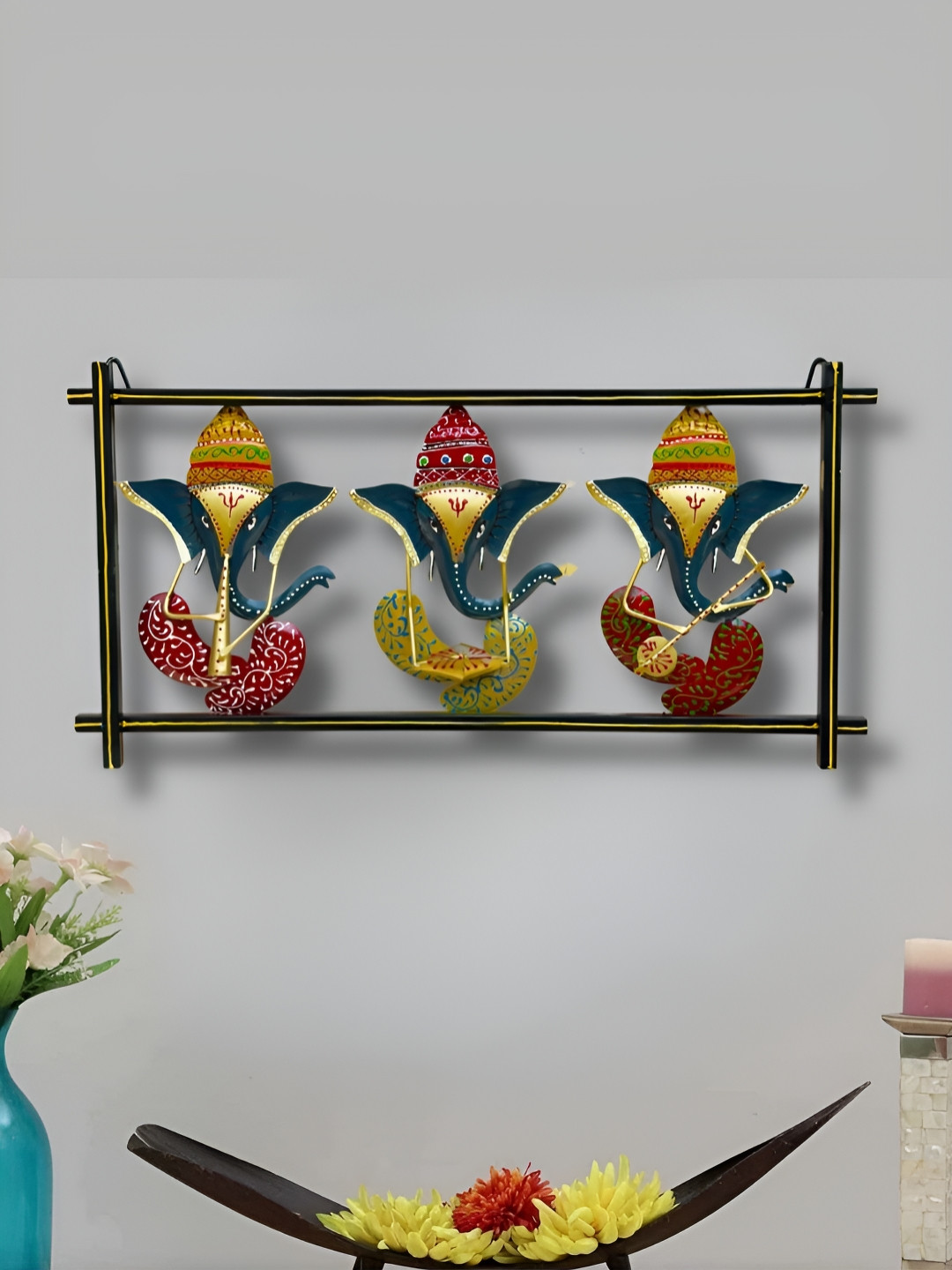 RSN 3 Lord Ganesh Playing Music Metal Glossy Hanging Hall Wall Hangings-24In